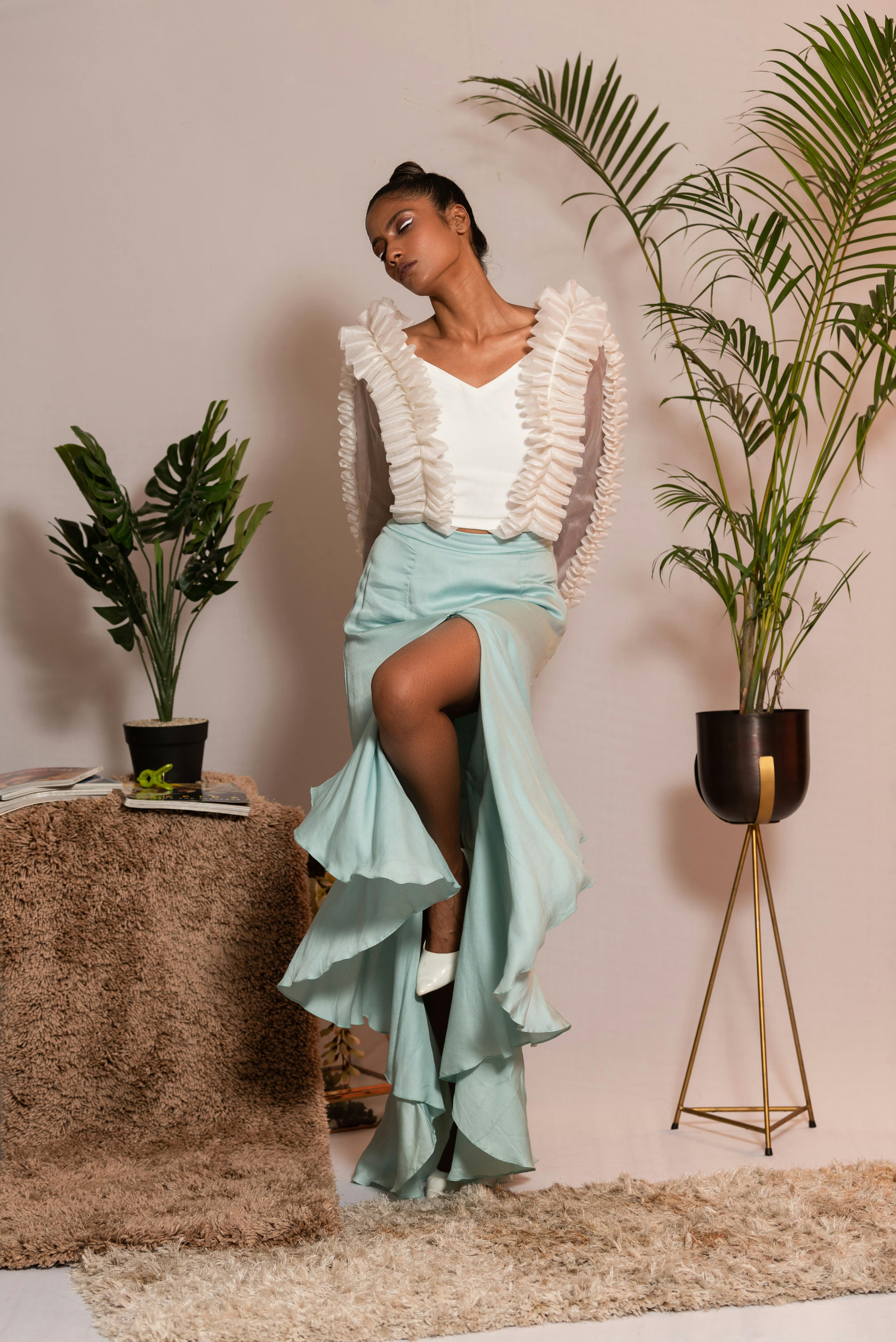 Organza pleated top paired with ruffle skirt, a product by Vanshika