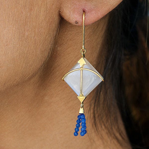 PATANG Small Moonstone With Blue Chalcedony Tassel, a product by Baka