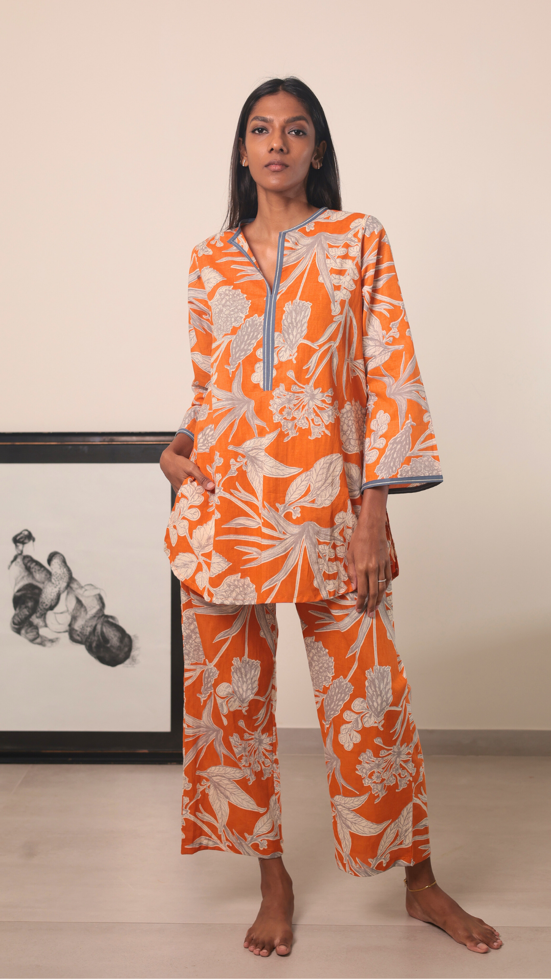 Thumbnail preview #1 for Yashoda Tunic Set - Orange Kodi Flowers