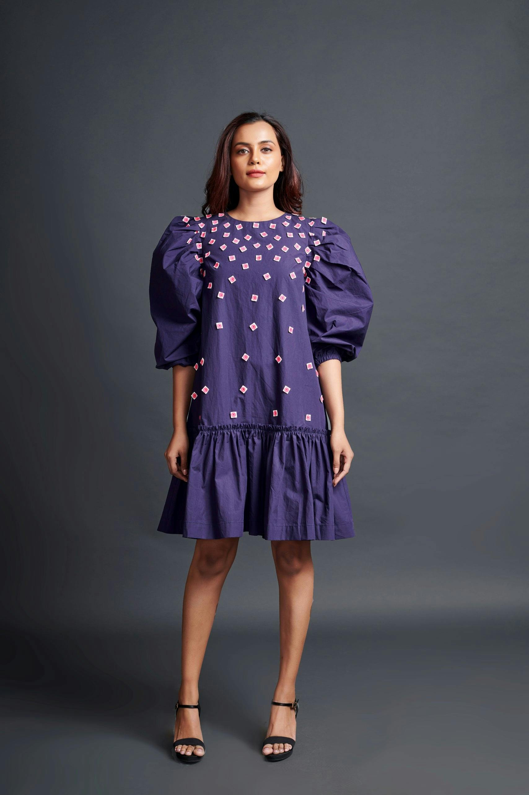 WF-1102-PURPLE ::: Purple Short Backless Dress With Embroidery, a product by Deepika Arora