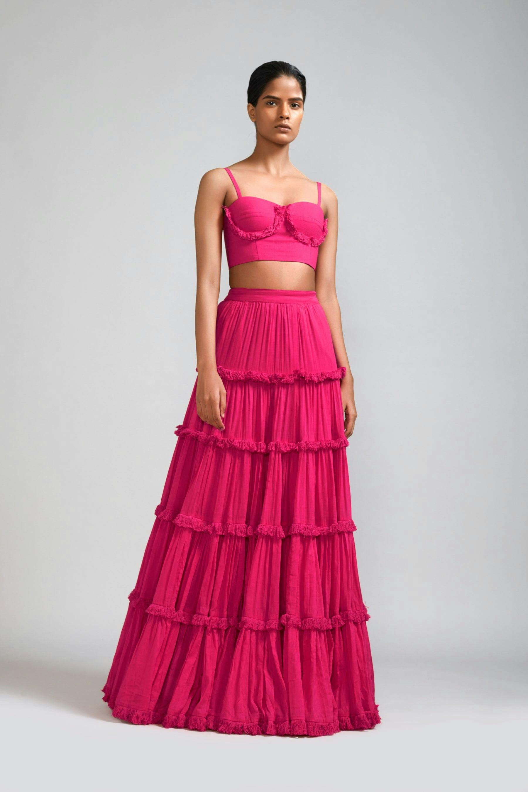 Pink Fringed Tiered Lehenga, a product by Style Mati