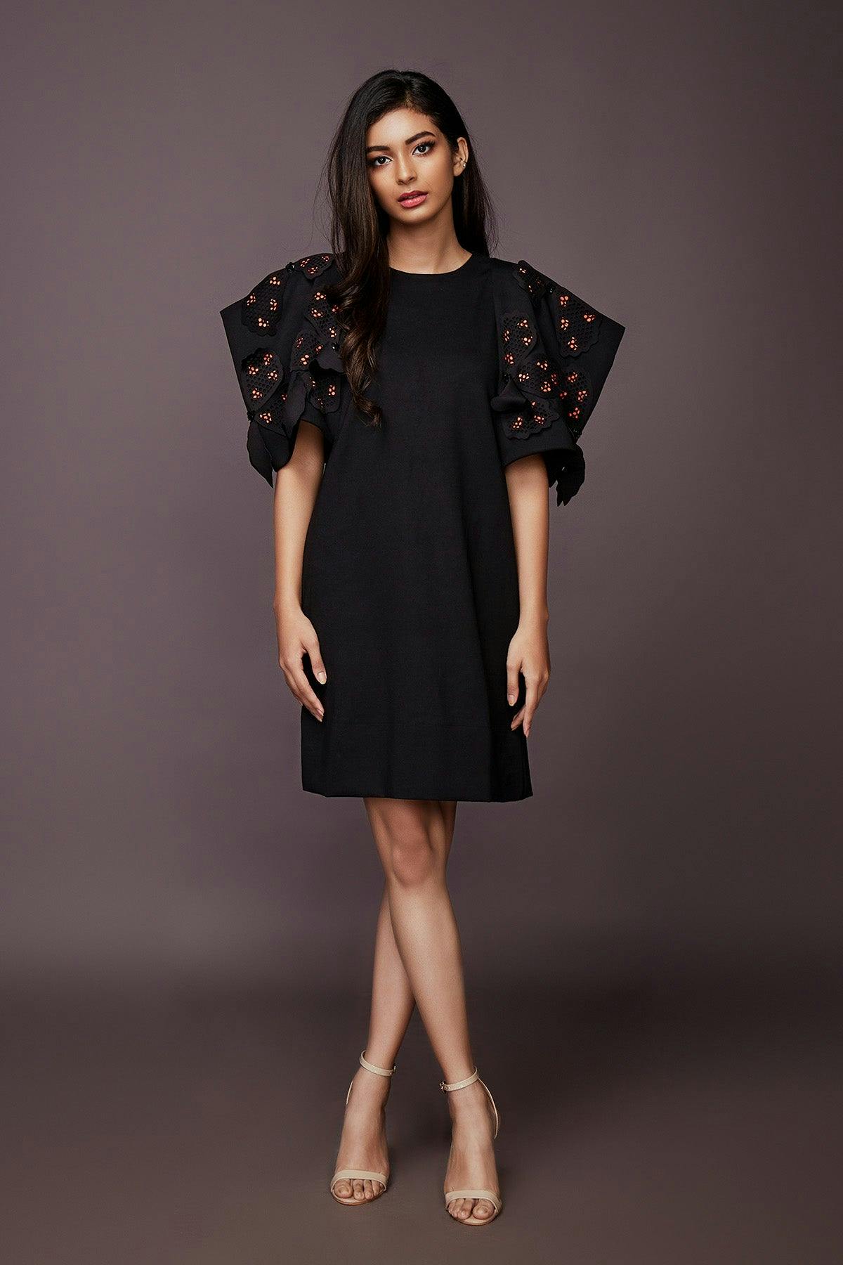 NN-1102 ::: Black Shift Dress With Neon Cutwork Sleeves, a product by Deepika Arora