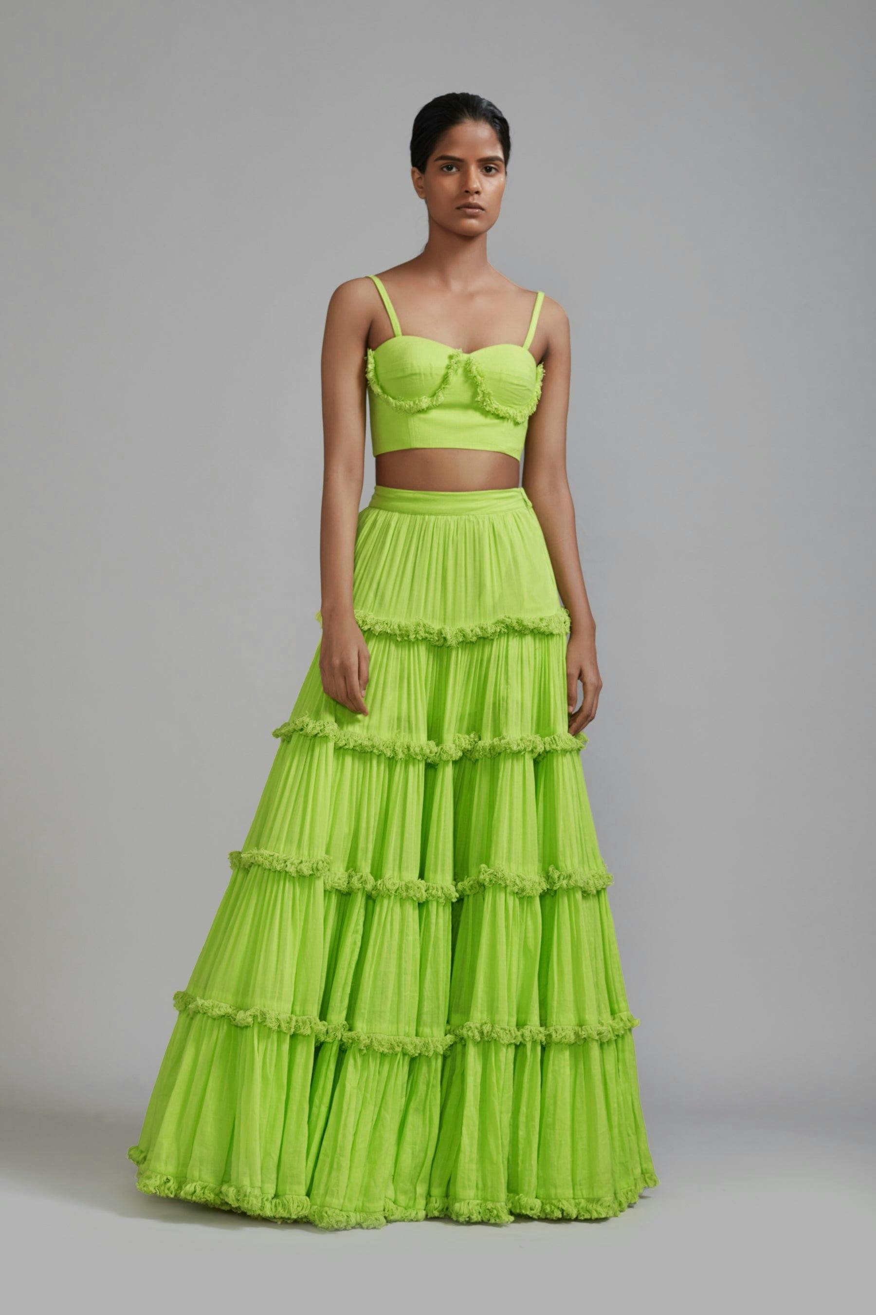 Neon Green Fringed Tiered Lehenga Set (2 PCS), a product by Style Mati