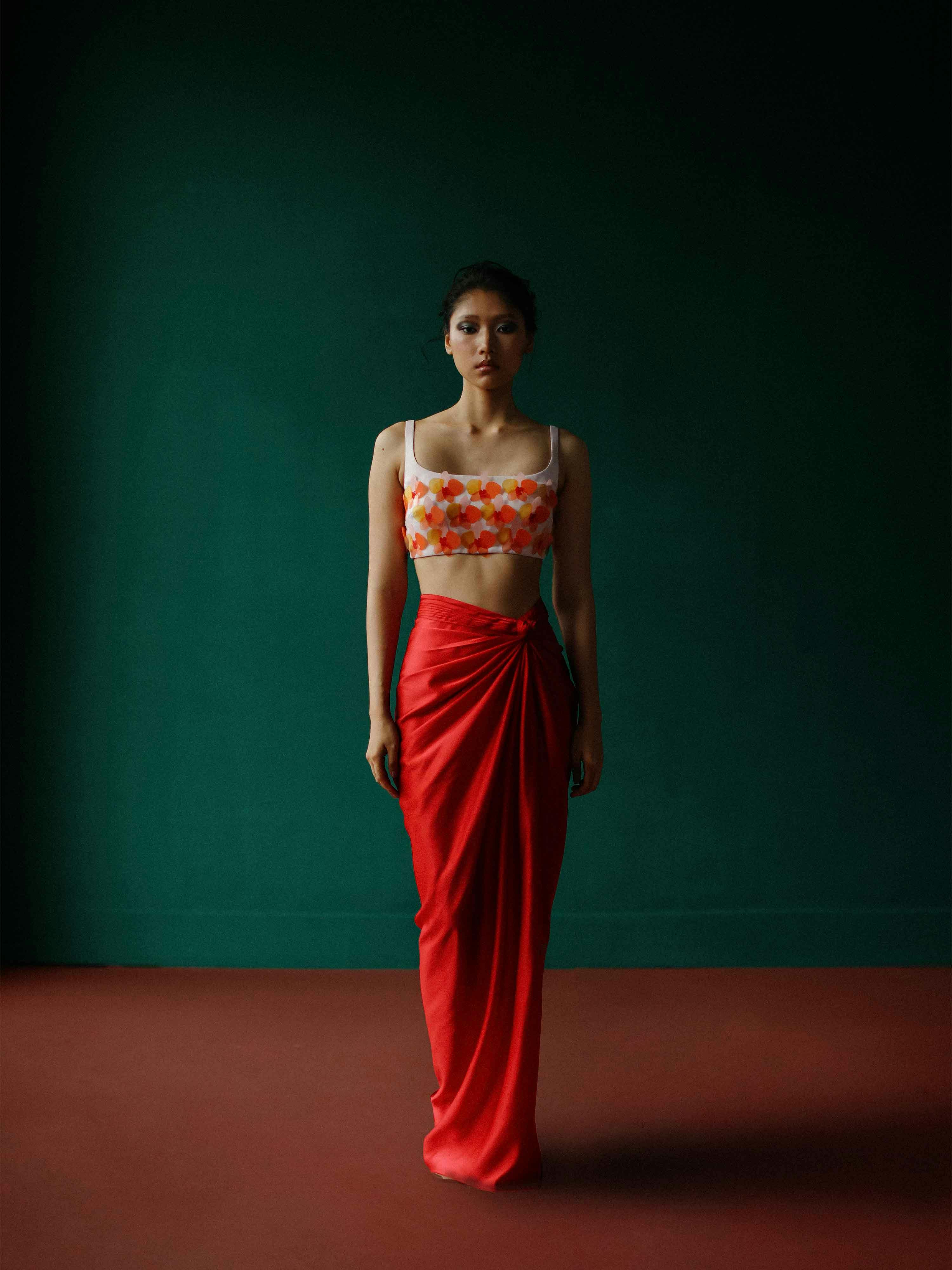 Red twist skirt, a product by Shriya Khanna