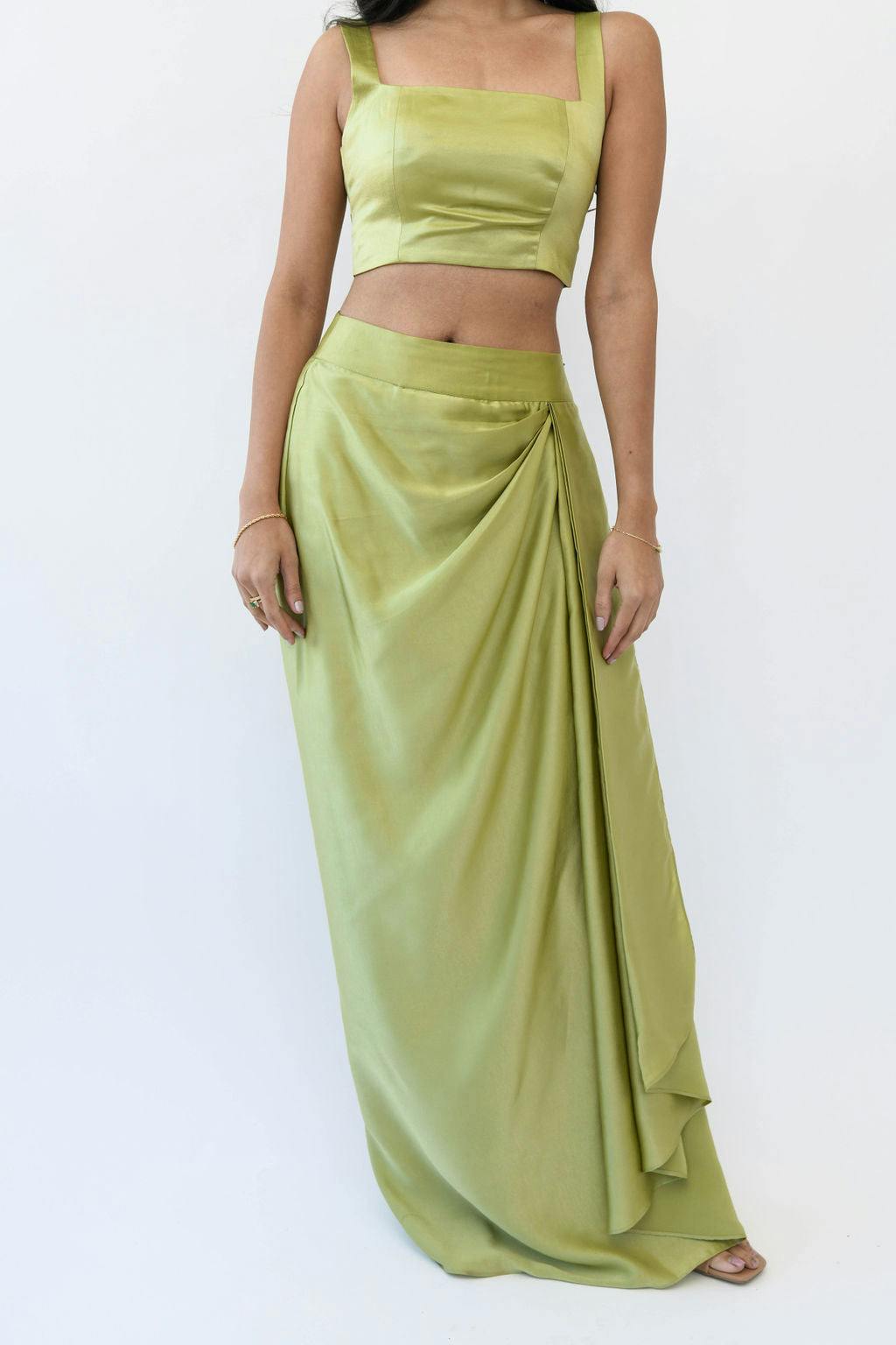 Pista Green Satin Drape Skirt, a product by MOR Collections