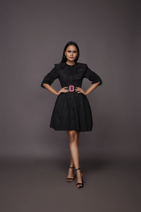 Black suede jacket dress with collar NN-1111, a product by Deepika Arora