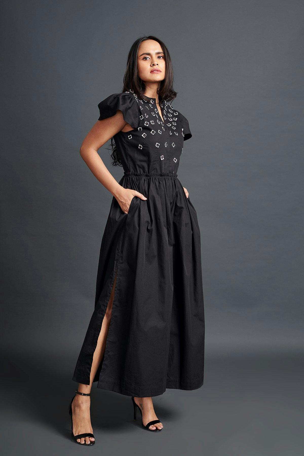 Black jumpsuit with embroidery, a product by Deepika Arora