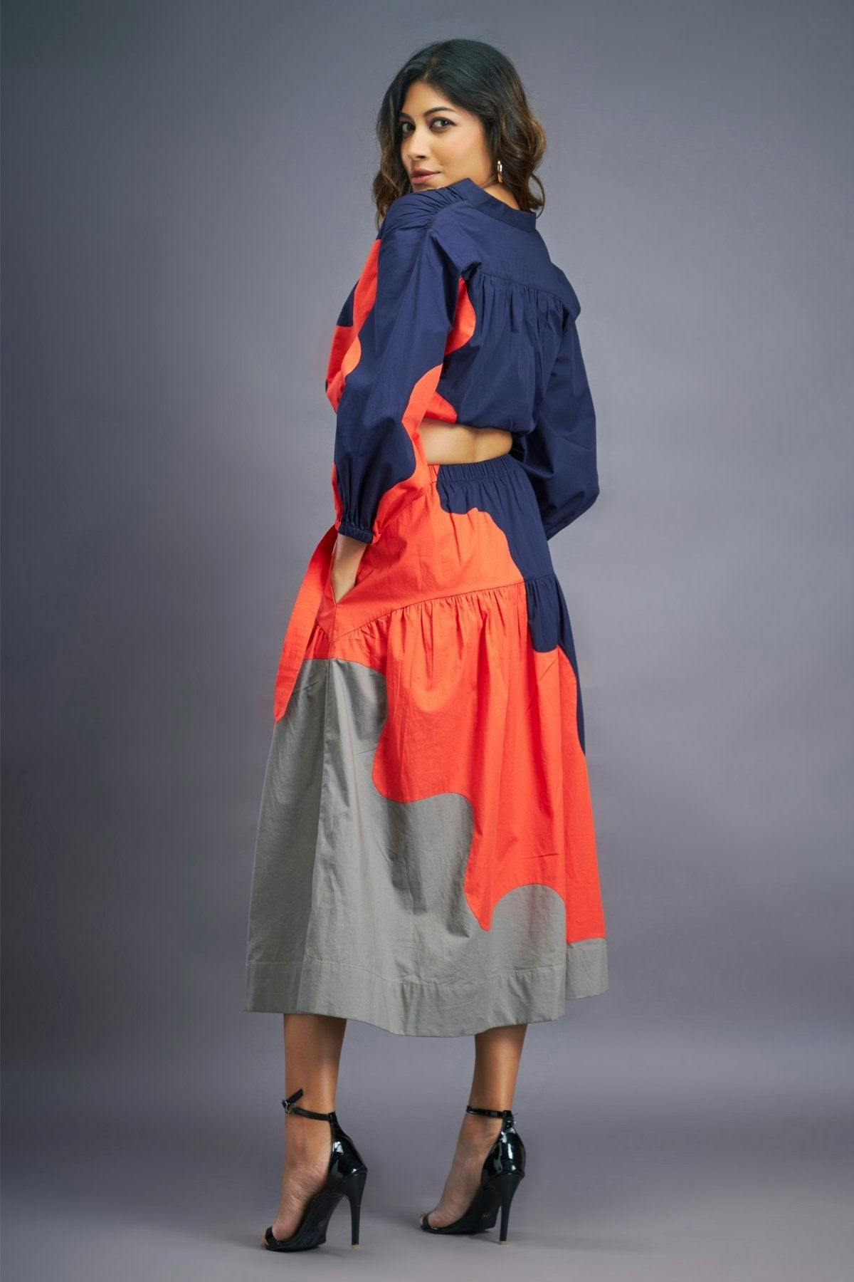Thumbnail preview #2 for BB-1109-OG - Navy Blue Orange Shirt & Skirt Co-ord Set