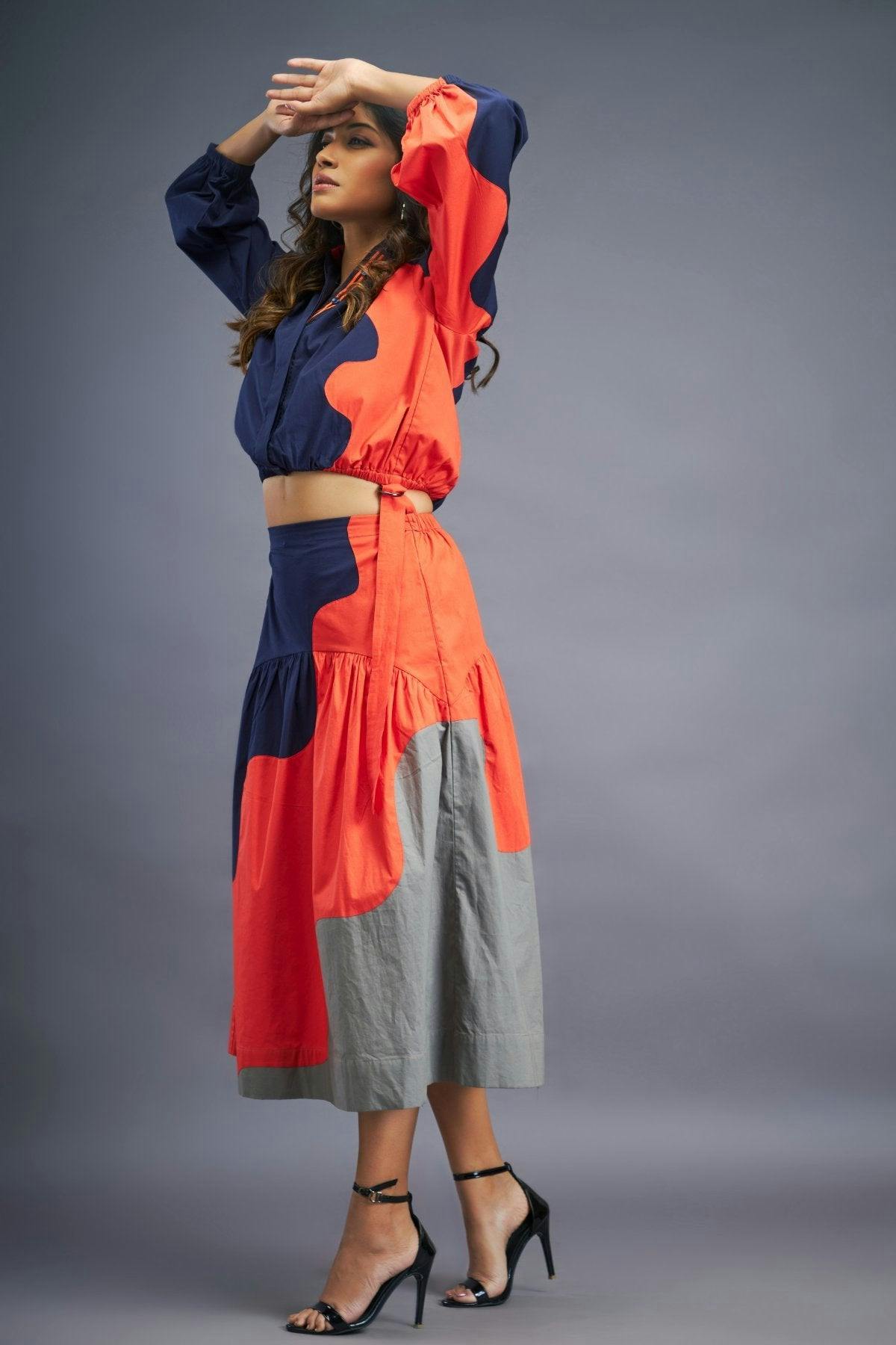 Thumbnail preview #4 for BB-1109-OG - Navy Blue Orange Shirt & Skirt Co-ord Set
