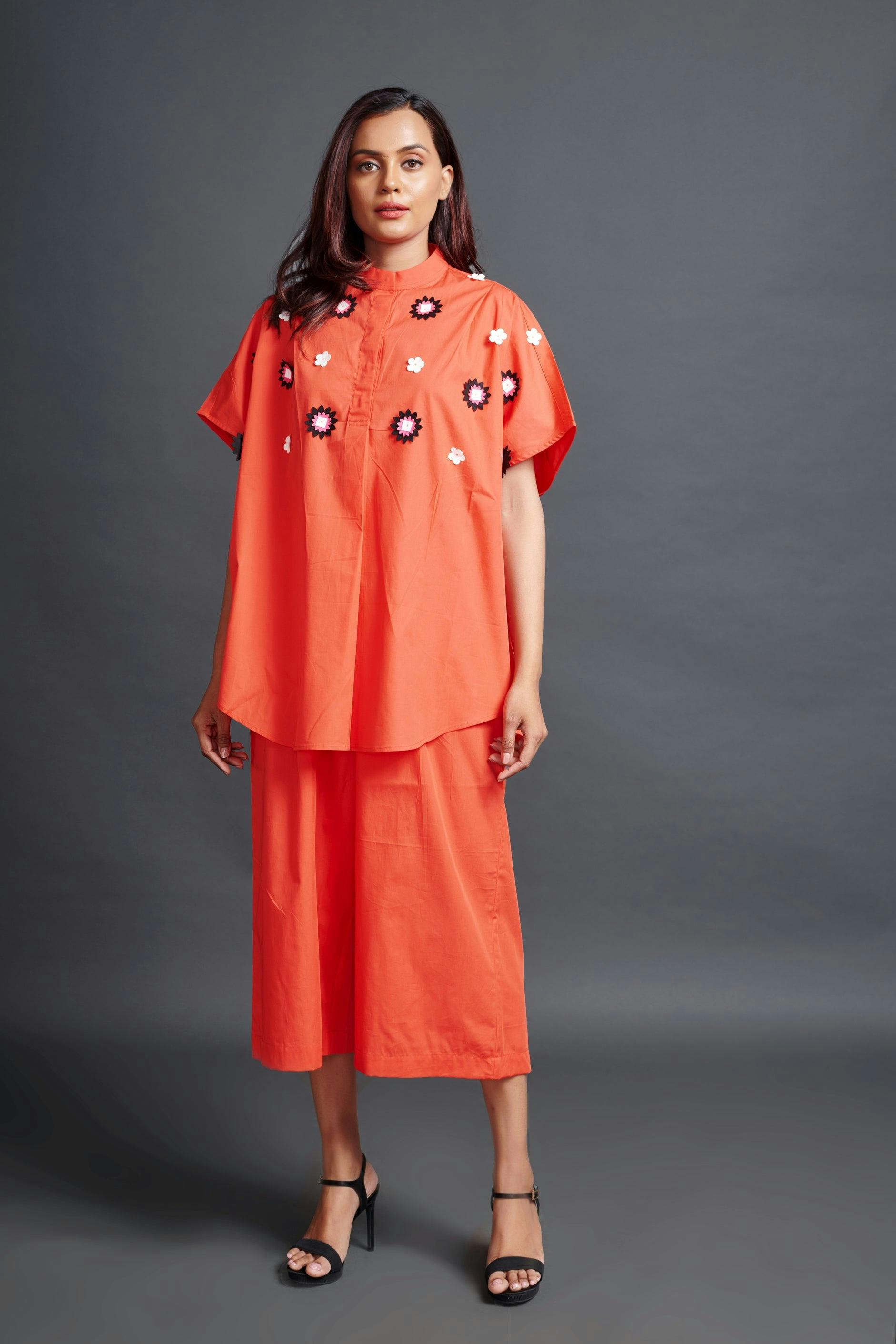WF-1105-ORANGE ::: Orange Embroidered Oversized Co-Ord Set, a product by Deepika Arora