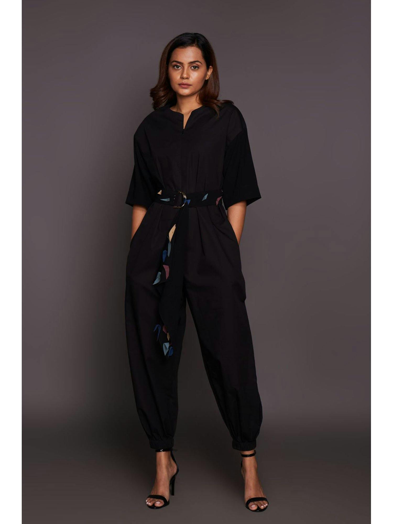 black jumpsuit with belt, a product by Deepika Arora