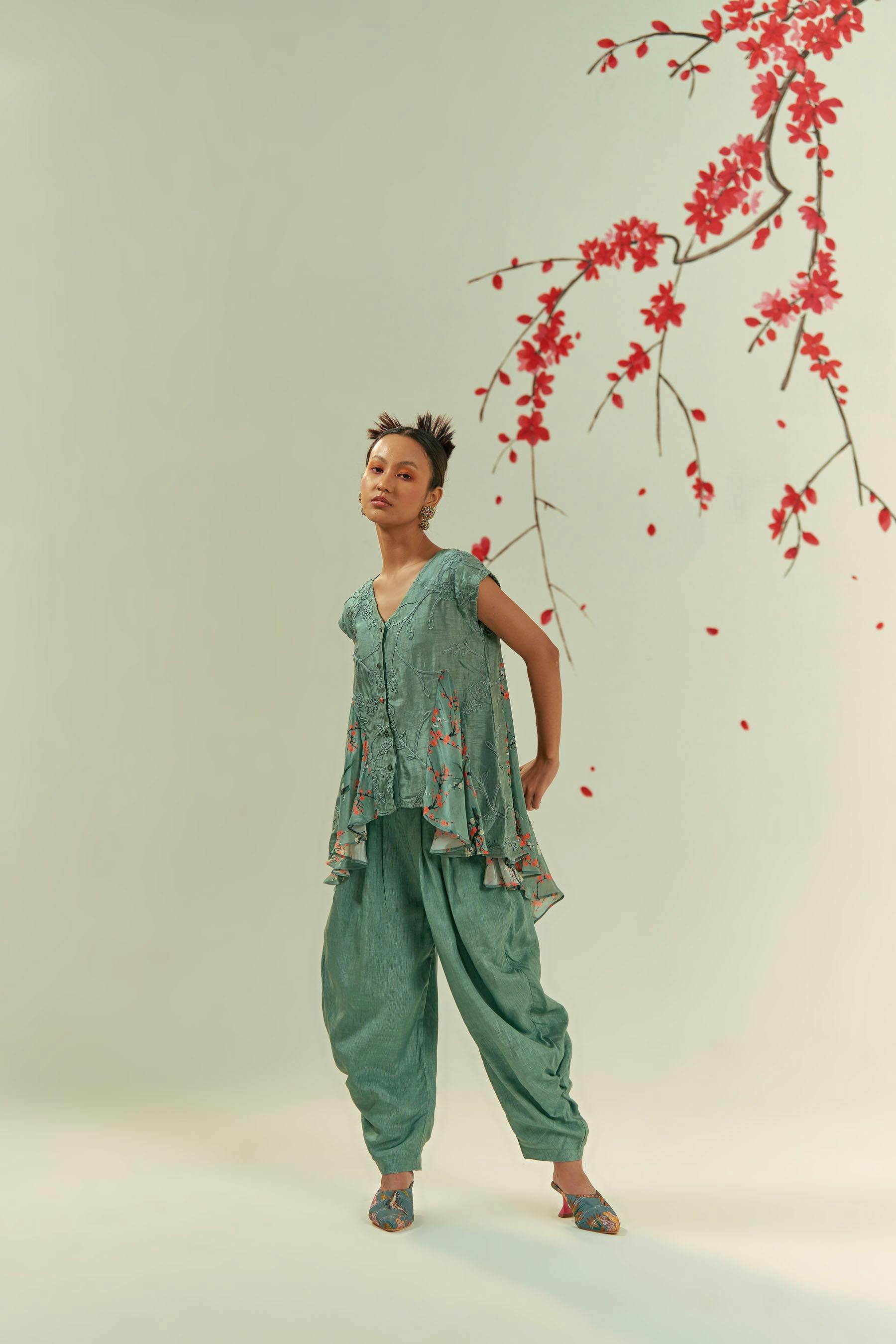 Kaze Green Top With Geylu Harem Pants Co-ord Set, a product by COEUR by Ankita Khurana