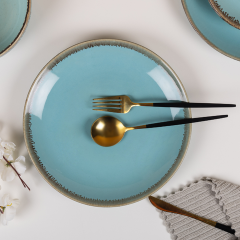 Blue Color Dinner Set with Brown Drops Border - Set of 12, a product by The Golden Theory