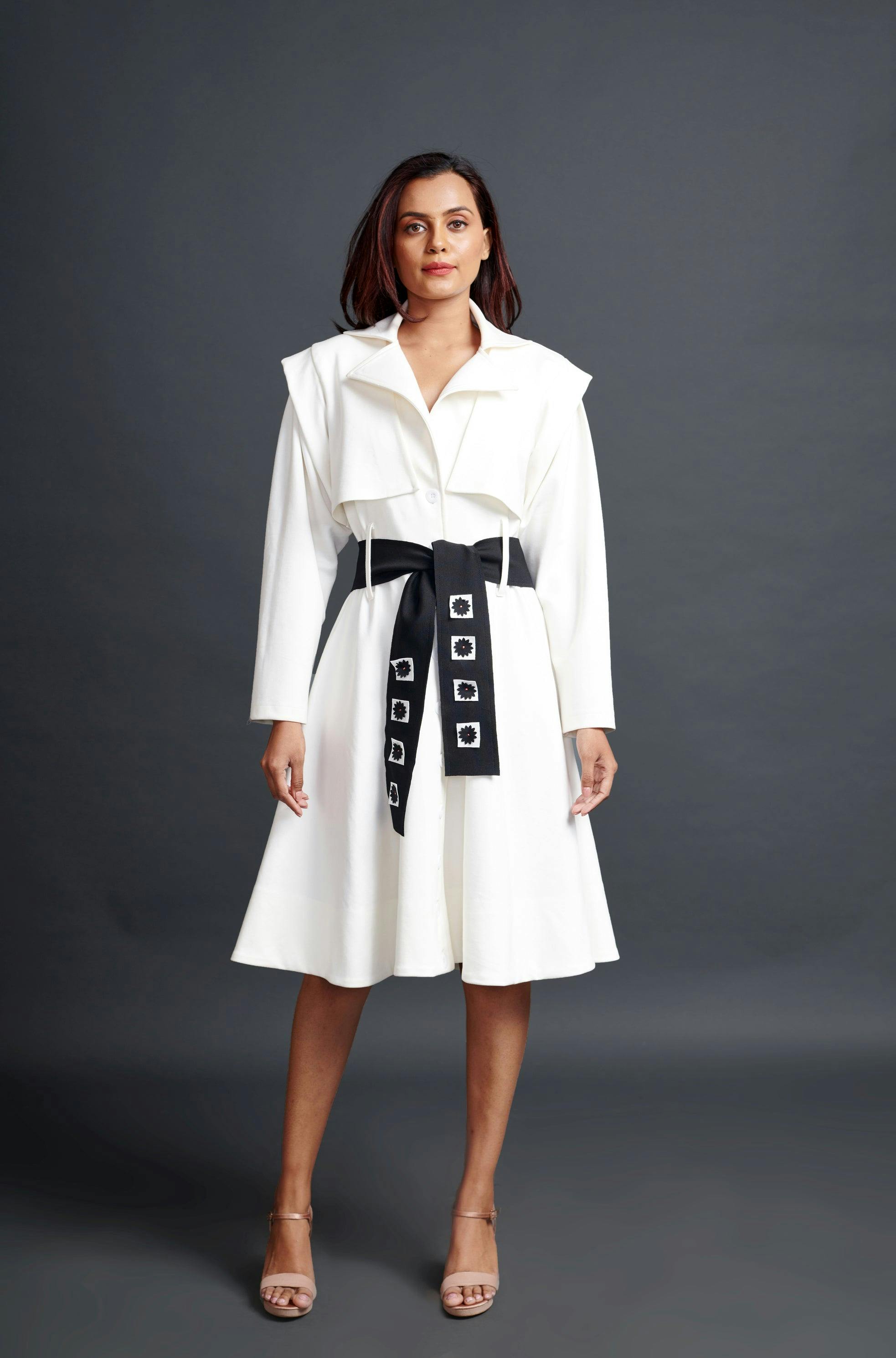 WF-1110-WHITE ::: White Jacket Dress With Sash Belt, a product by Deepika Arora
