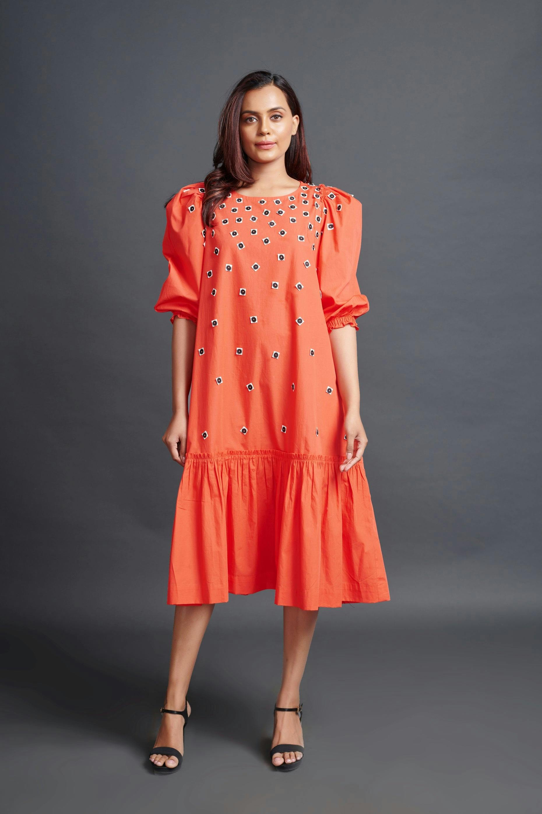 WF-1101-ORANGE ::: Orange Long Dress With Embroidery, a product by Deepika Arora