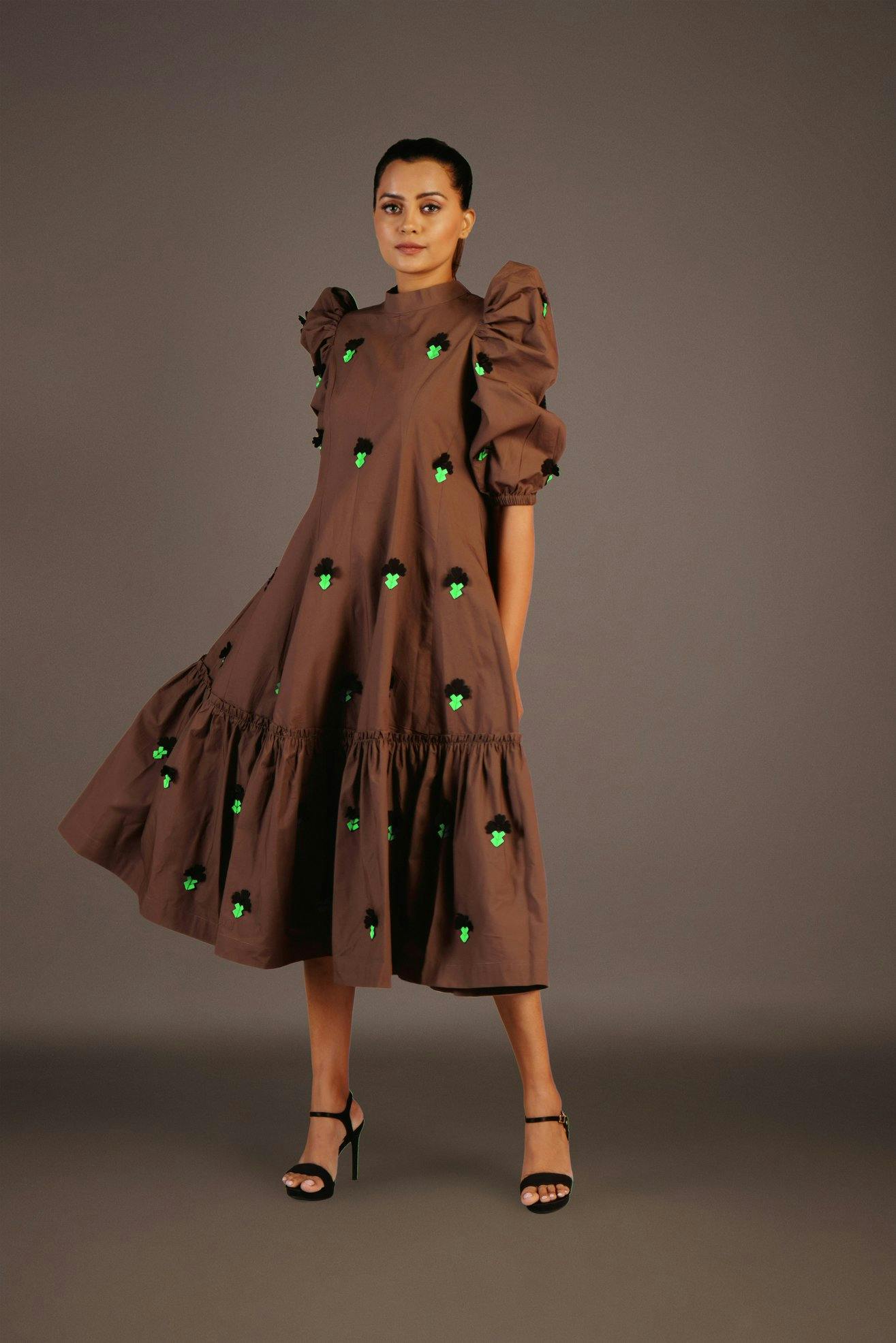 Olive green dress with oversized sleeves with confetti detailing, a product by Deepika Arora