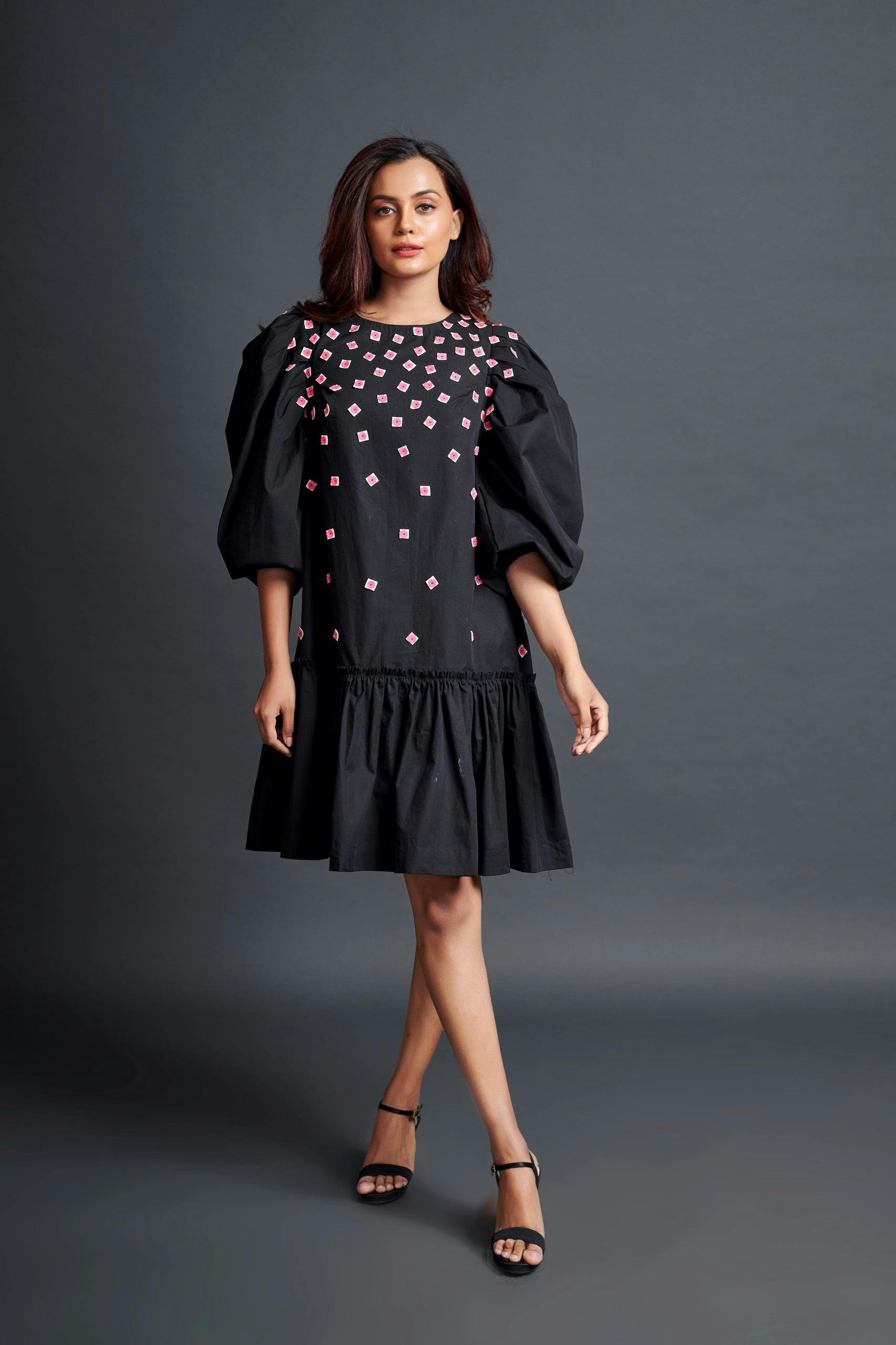 WF-1102-BLACK ::: Black Short Backless Dress With Embroidery, a product by Deepika Arora