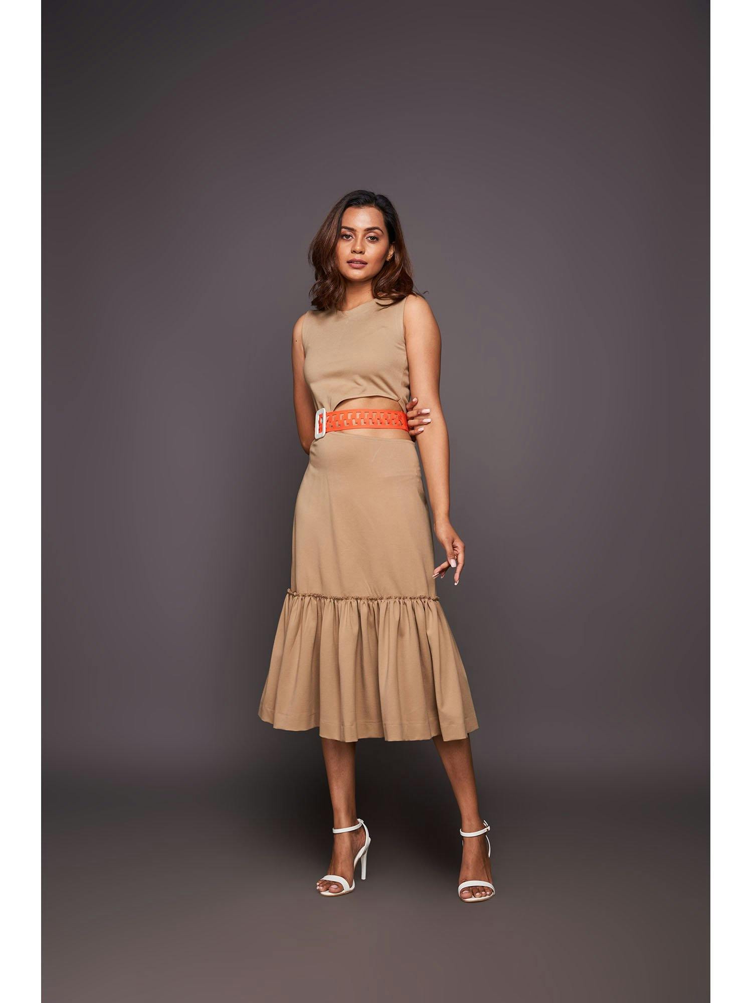 beige dress with gathered bottom and belt, a product by Deepika Arora