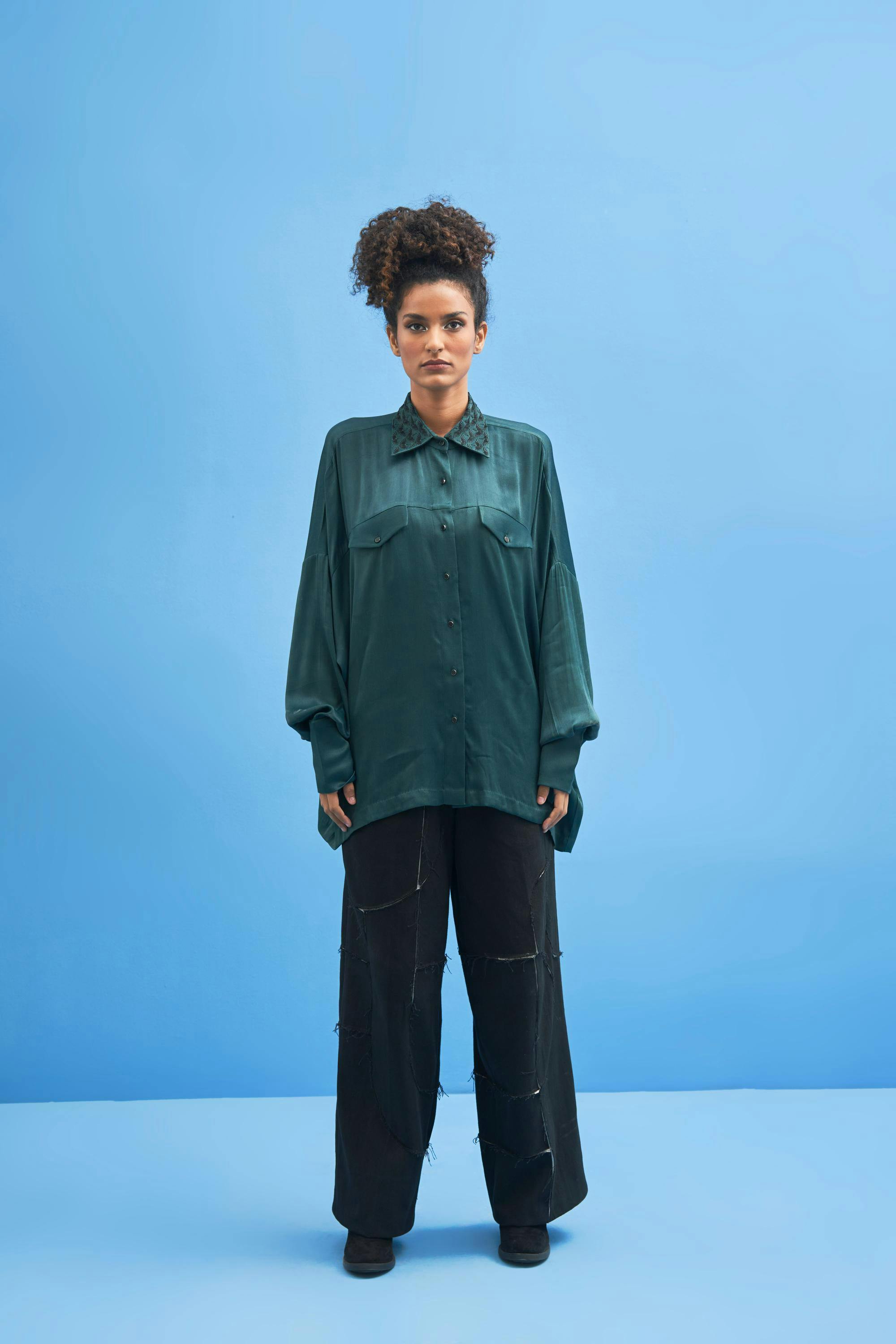 Green Crane-Collared Shirt, a product by Siddhant Agrawal Label