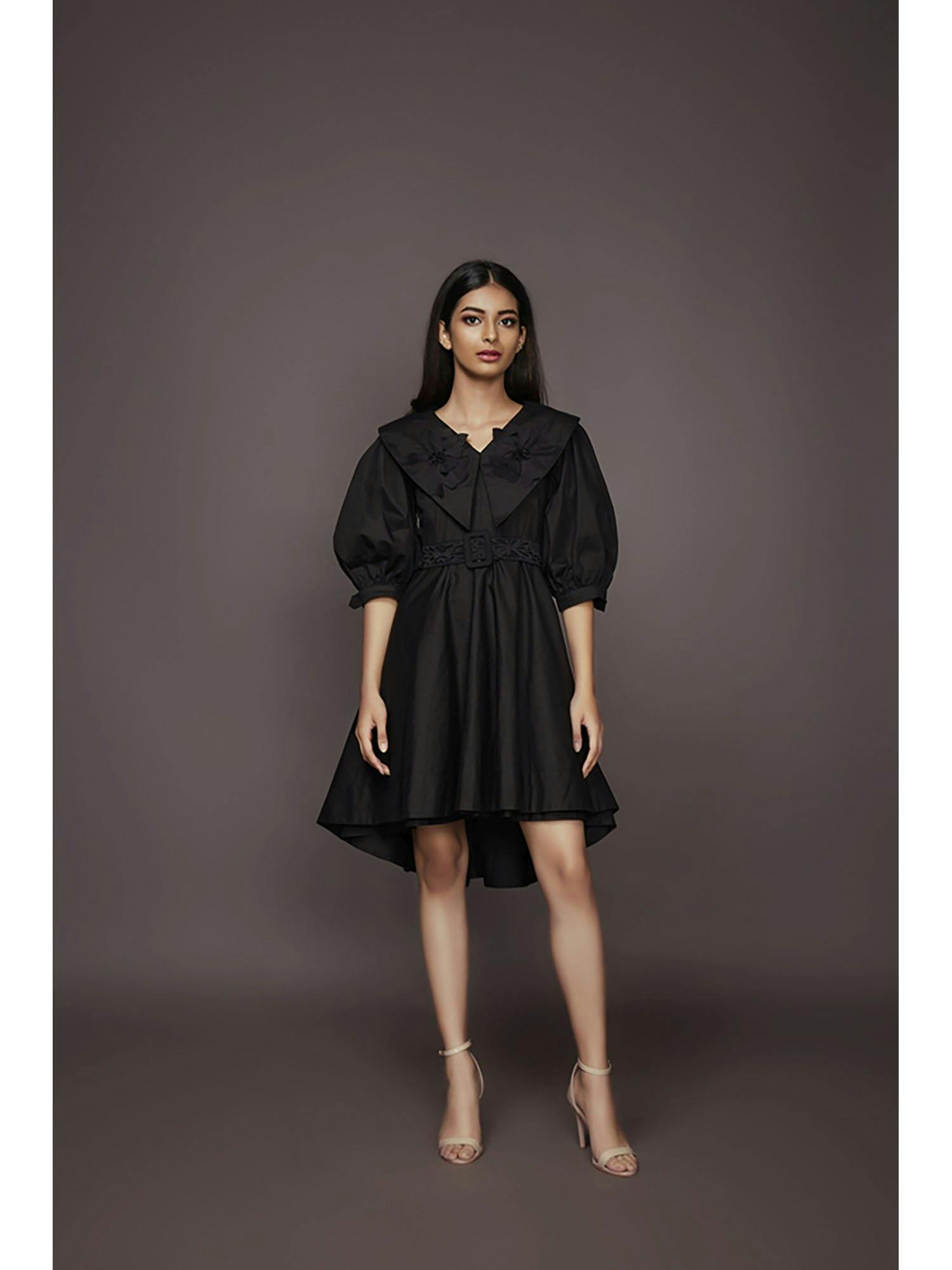 Black dress with attached collar and belt NN-1129, a product by Deepika Arora
