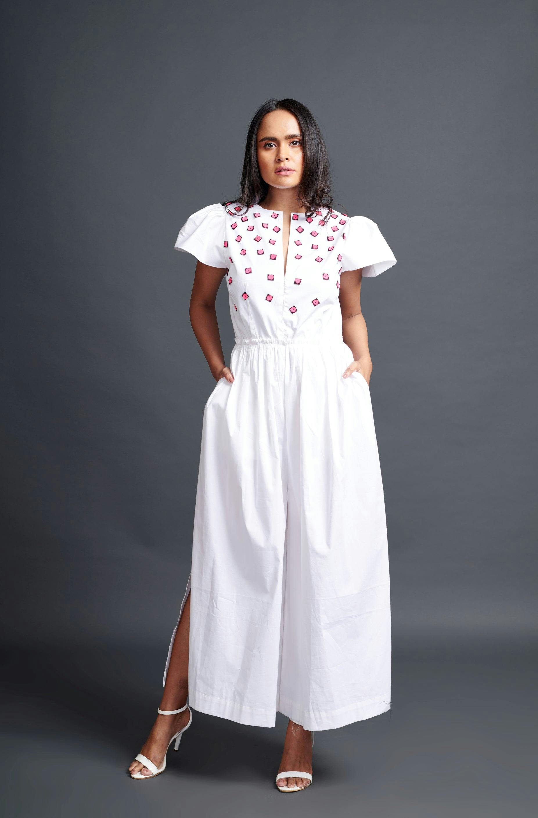 WF-1103-WHITE ::: White Jumpsuit With Embroidery, a product by Deepika Arora