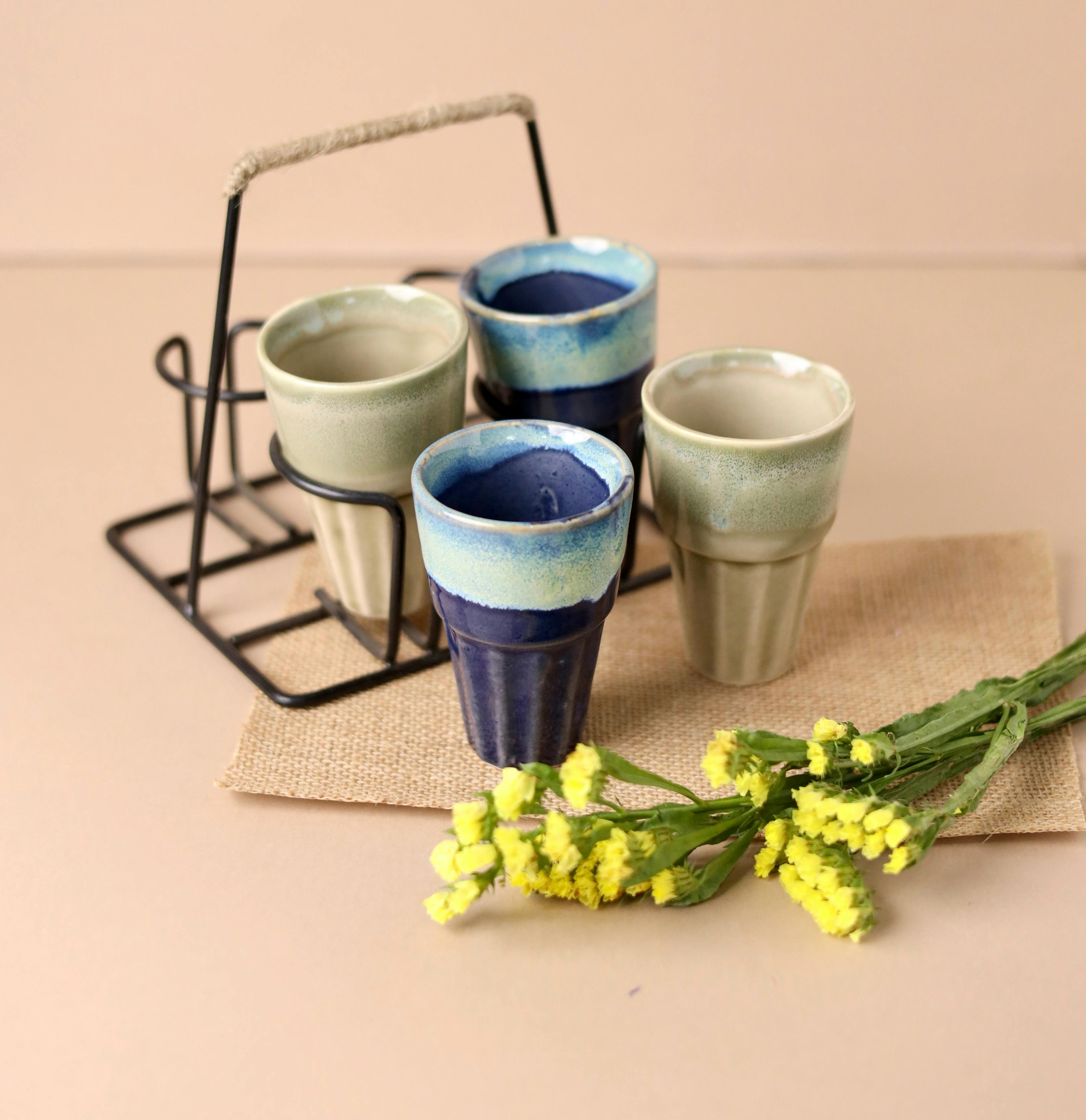 4 Chai Glasses with Stand - Light Green and Dark Blue, a product by Olive Home accent