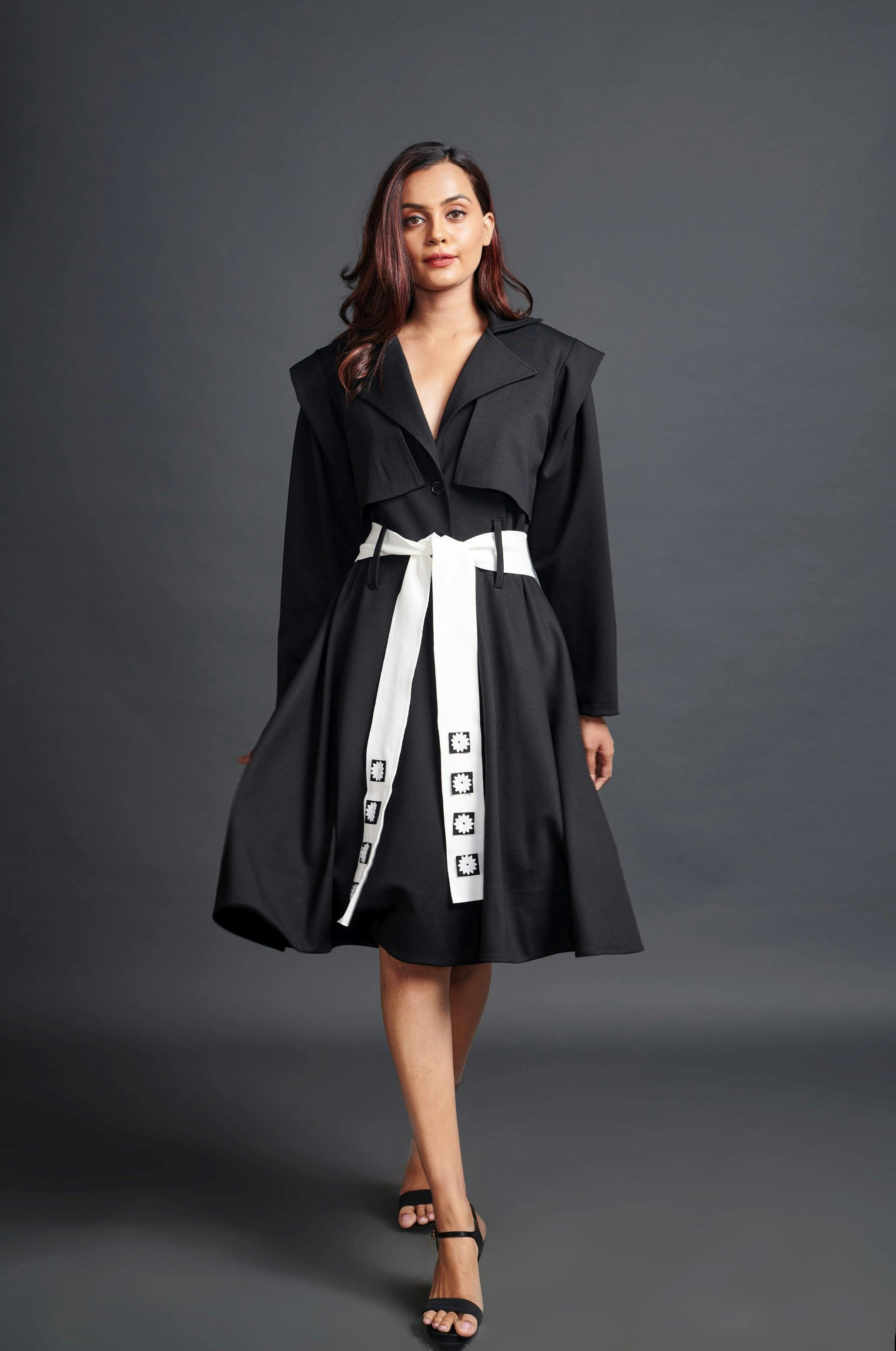 WF-1110-BLACK ::: Black Jacket Dress With Sash Belt, a product by Deepika Arora