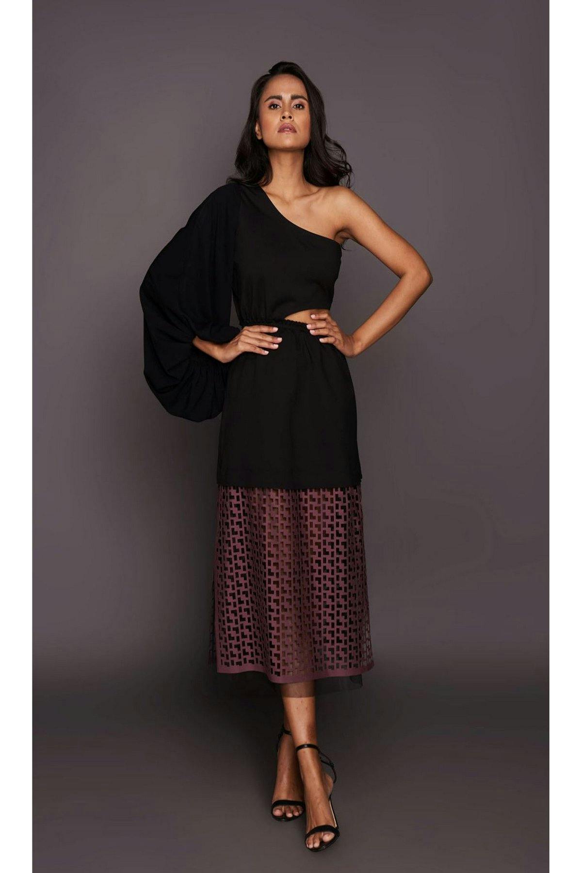 Black & wine one shoulder dress with cutwork at bottom, a product by Deepika Arora