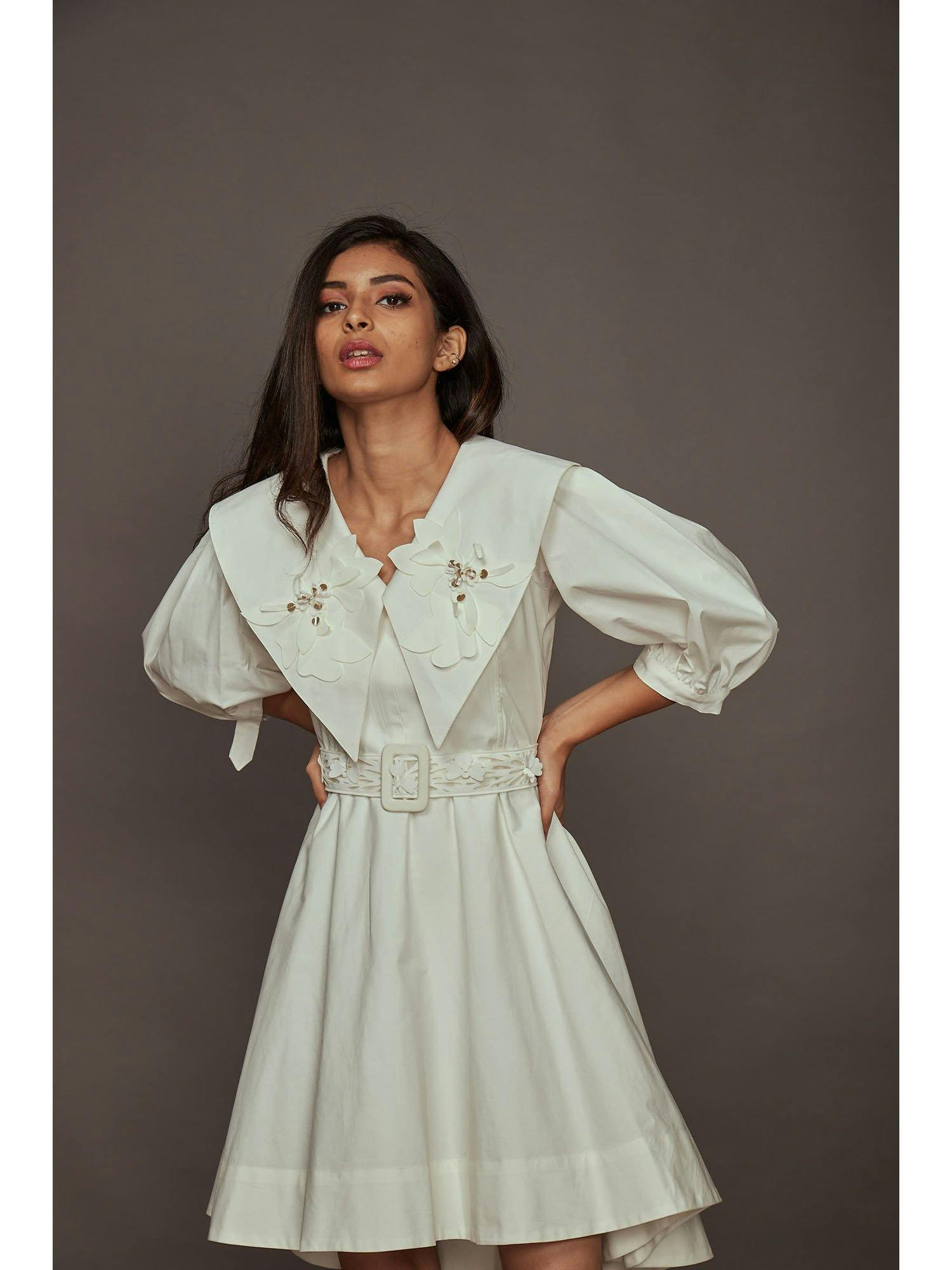 White dress with attached collar and belt NN-1129-W, a product by Deepika Arora