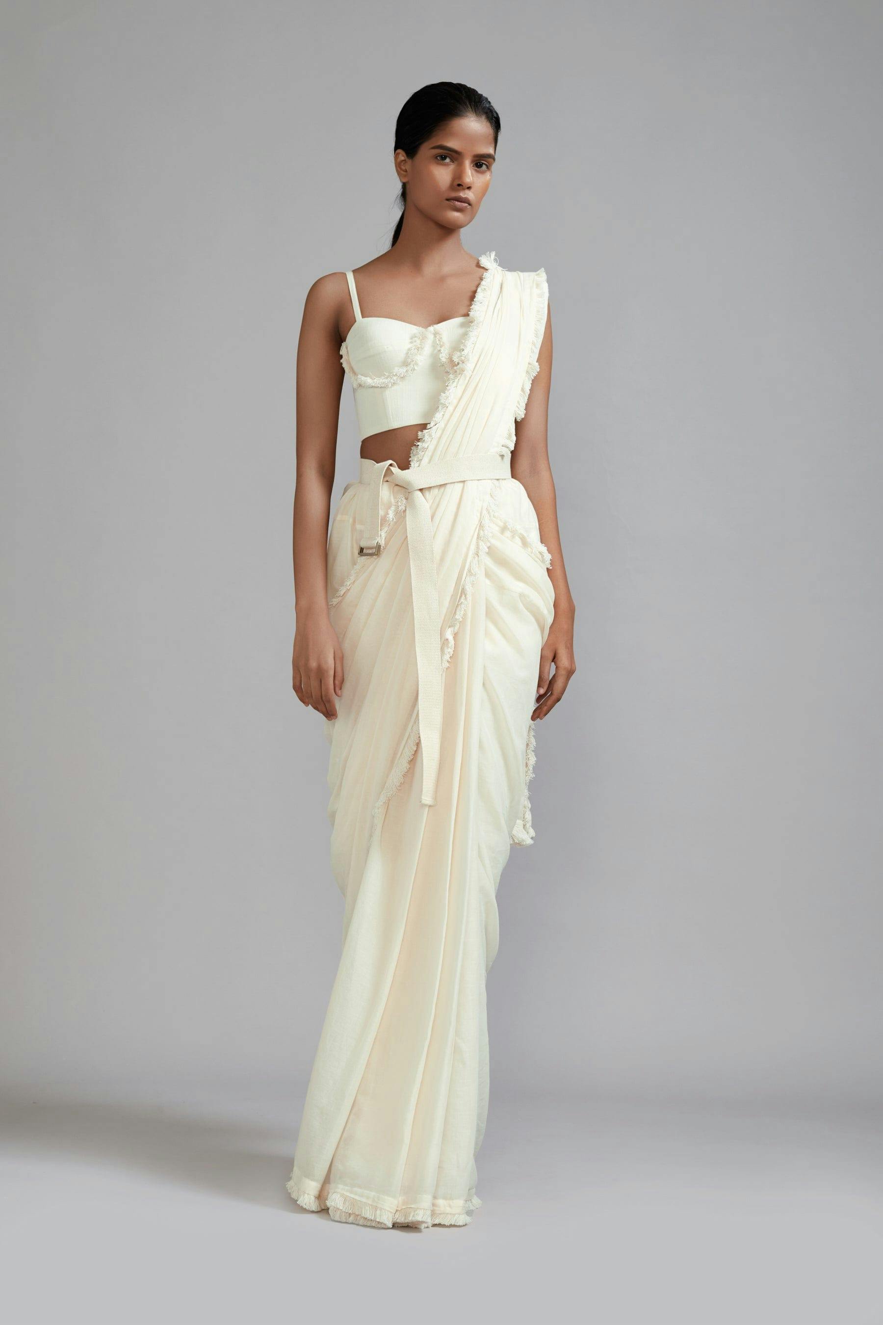 Off-White Fringed Saree, a product by Style Mati