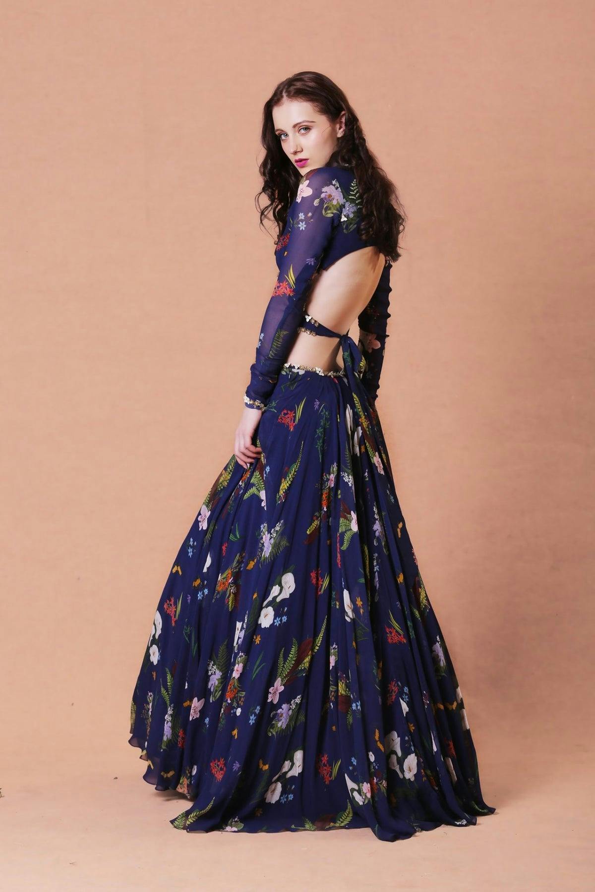 Thumbnail preview #1 for Blue Printed Back-Knot Style Lehenga Set