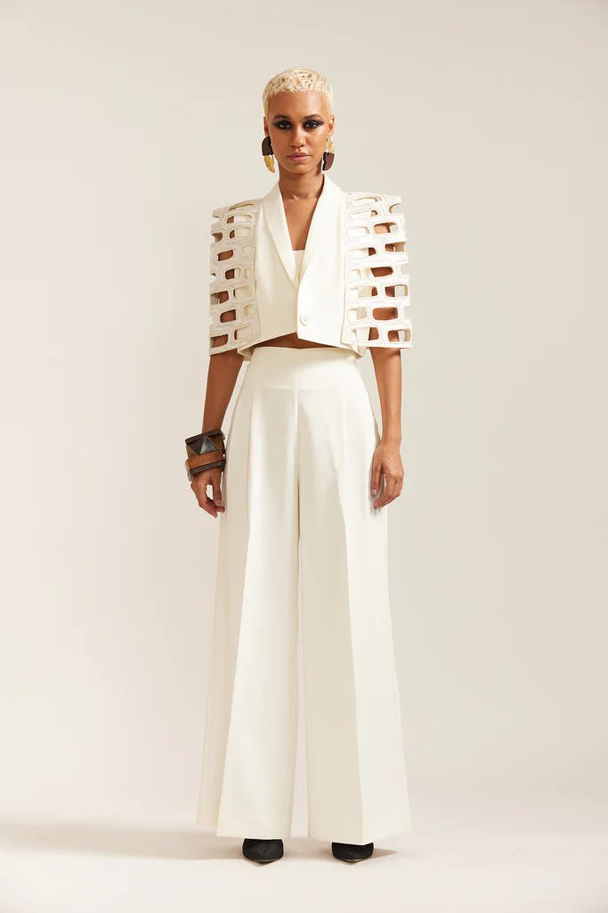 CREAM BRICKS CUT-OUT CAPE STYLE JACKET CO-ORD, a product by Mini Sondhi