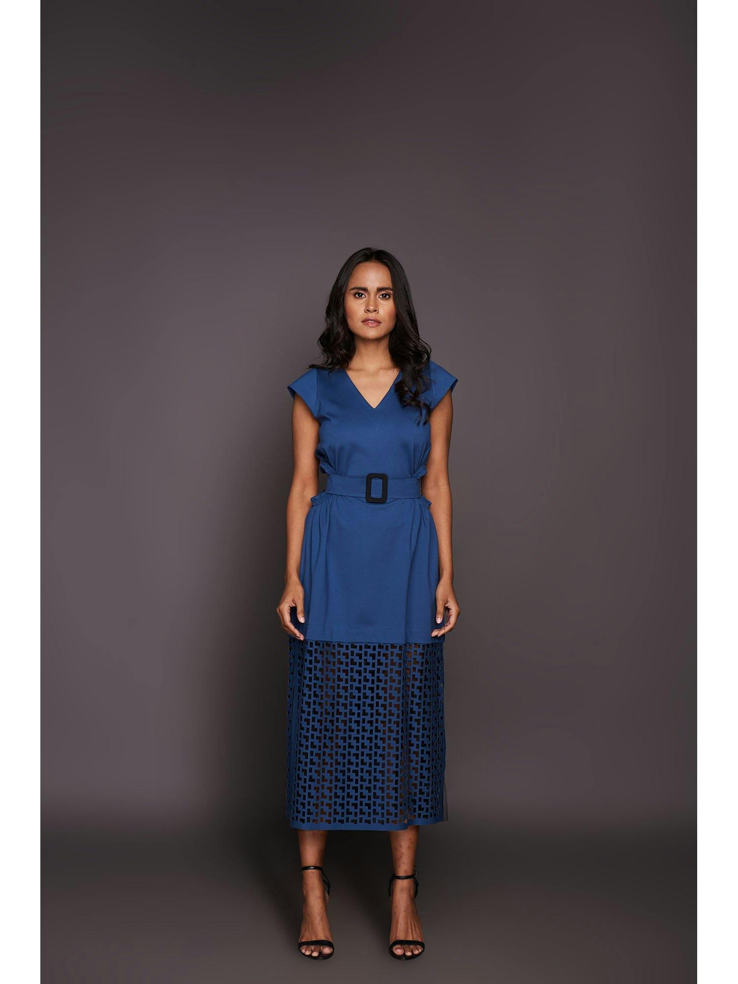 blue dress with cutwork at the bottom, a product by Deepika Arora