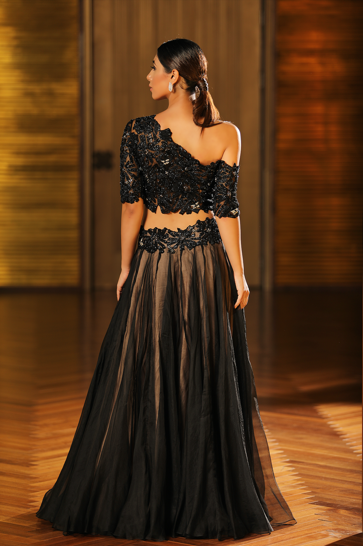 Thumbnail preview #1 for One Off Shoulder Trail Lehenga Set