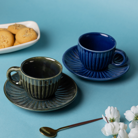 Blue Color Cup and Saucer with Unique Design, a product by The Golden Theory