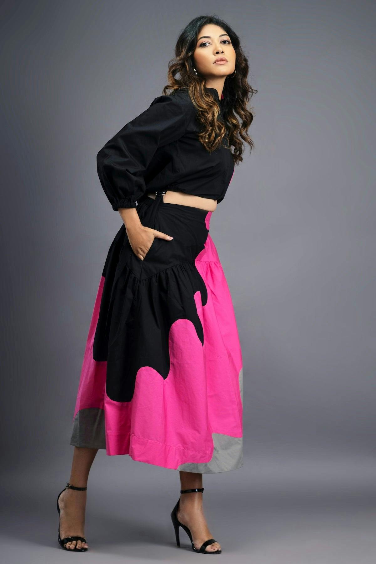Thumbnail preview #3 for BB-1109-PG - Black Pink Shirt & Skirt Co-ord Set