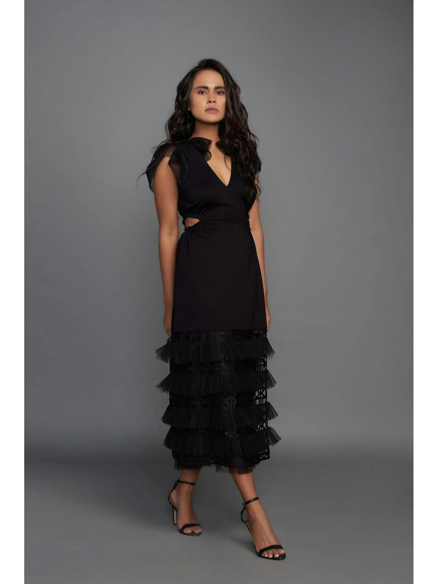 black dress with a cut out and cutwork on the bottom, a product by Deepika Arora