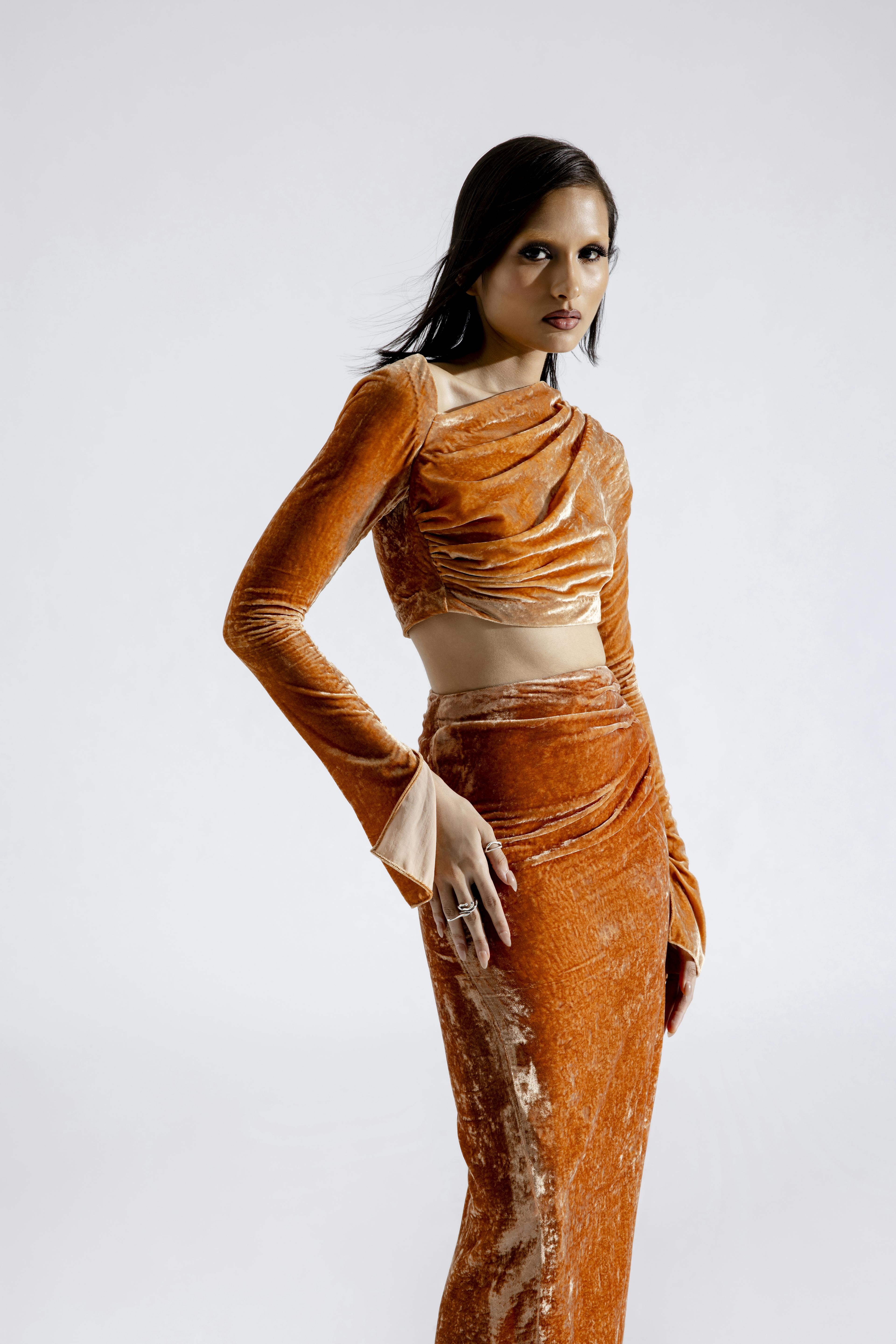 Clara Silk Velvet Skirt in Caramel, a product by AROKA
