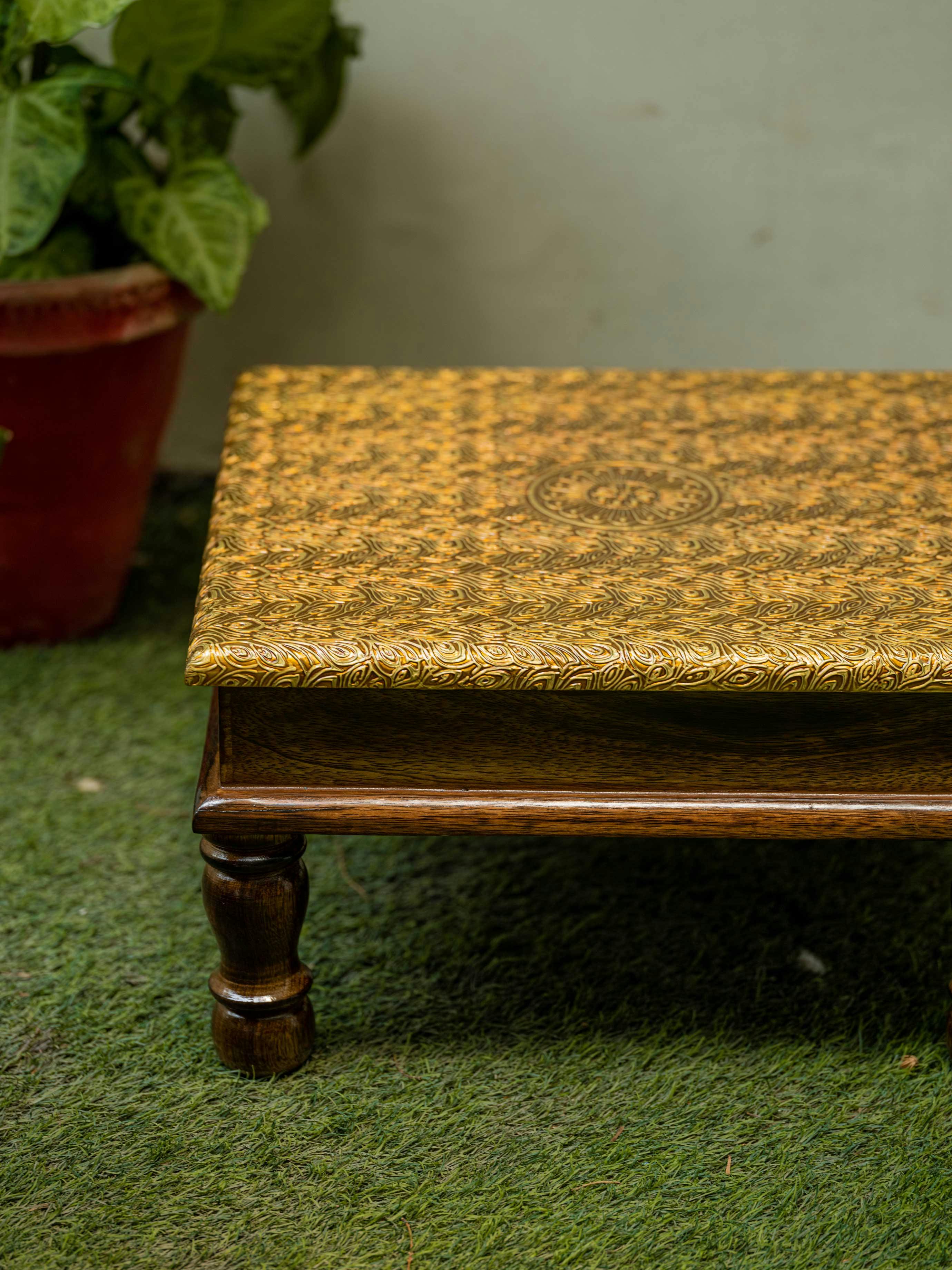 Zar - Wooden low stool with golden work, a product by Araana Homes