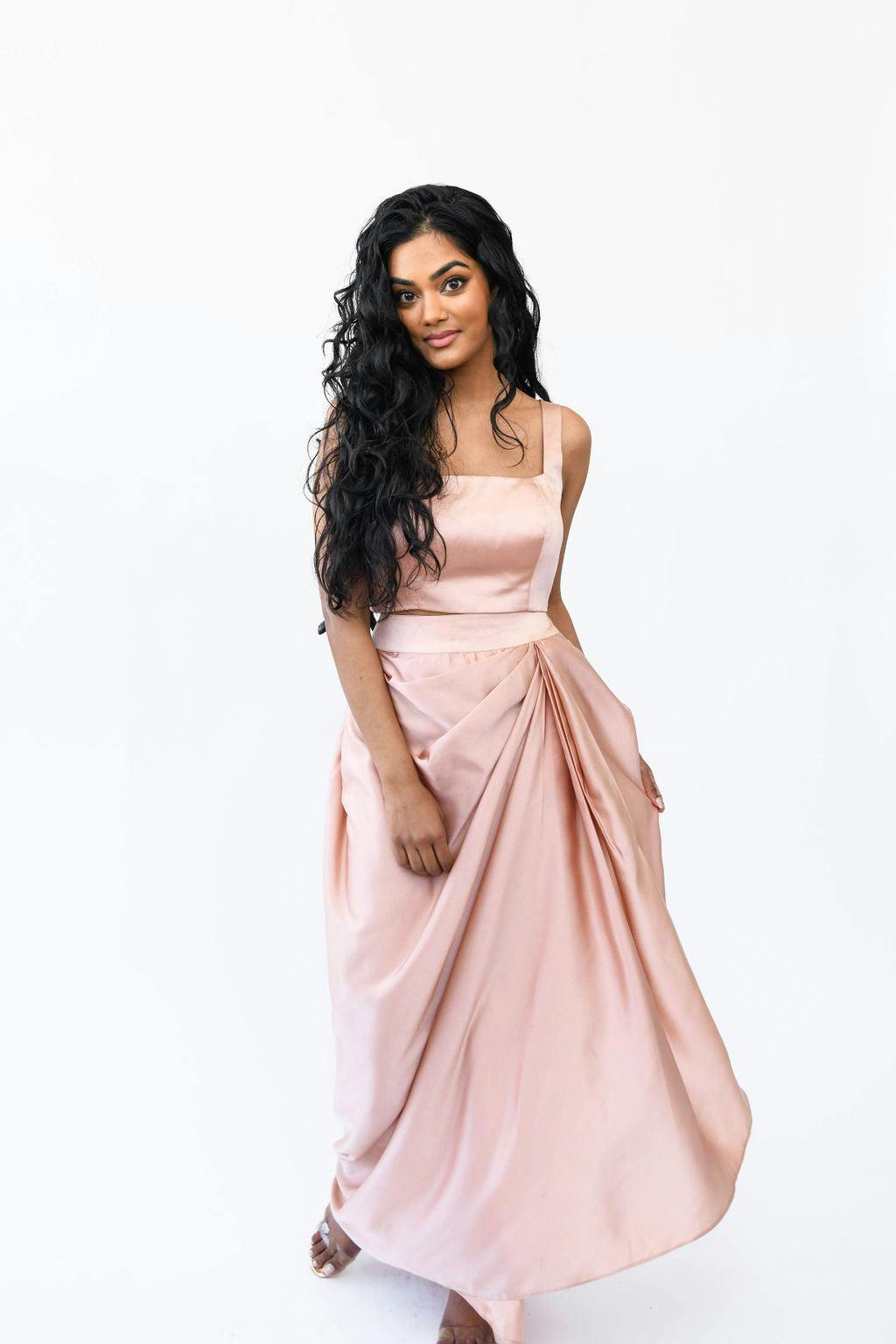 Rose Gold Satin Drape Skirt & Blouse Set, a product by MOR Collections