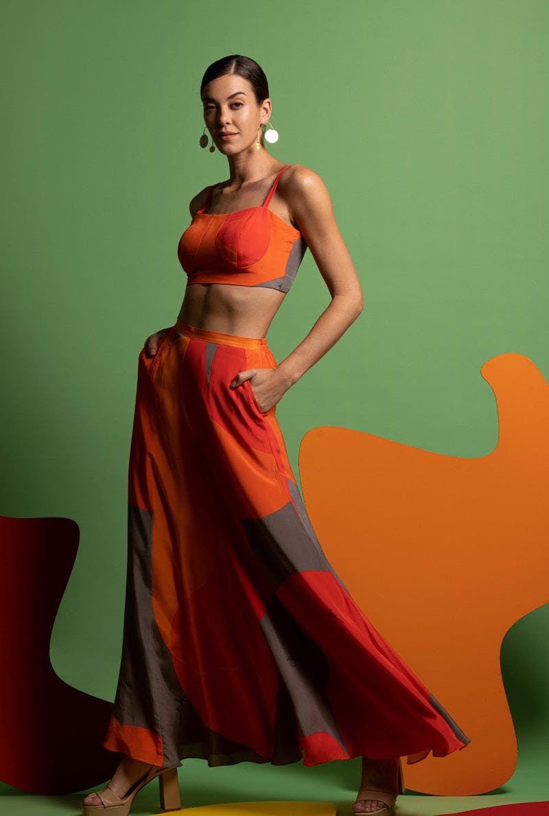 Thumbnail preview #0 for Orange-Grey-Red Women Bustier with Wide Legged Pants - ECLECTIC DREAM