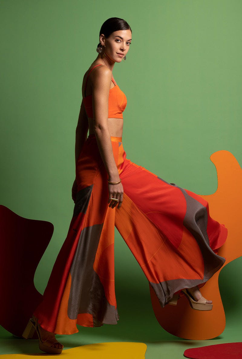 Thumbnail preview #1 for Orange-Grey-Red Women Bustier with Wide Legged Pants - ECLECTIC DREAM