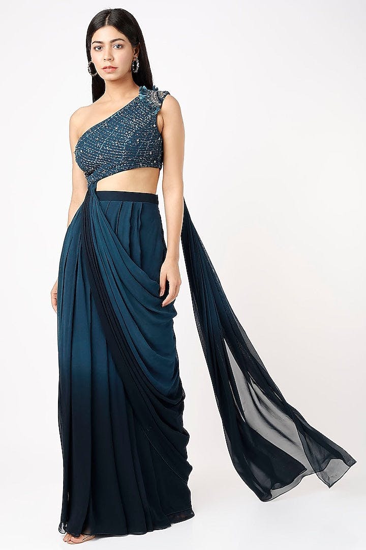 Deep Turquoise Ombre One-Shoulder Draped Gown, a product by JadebyAshima