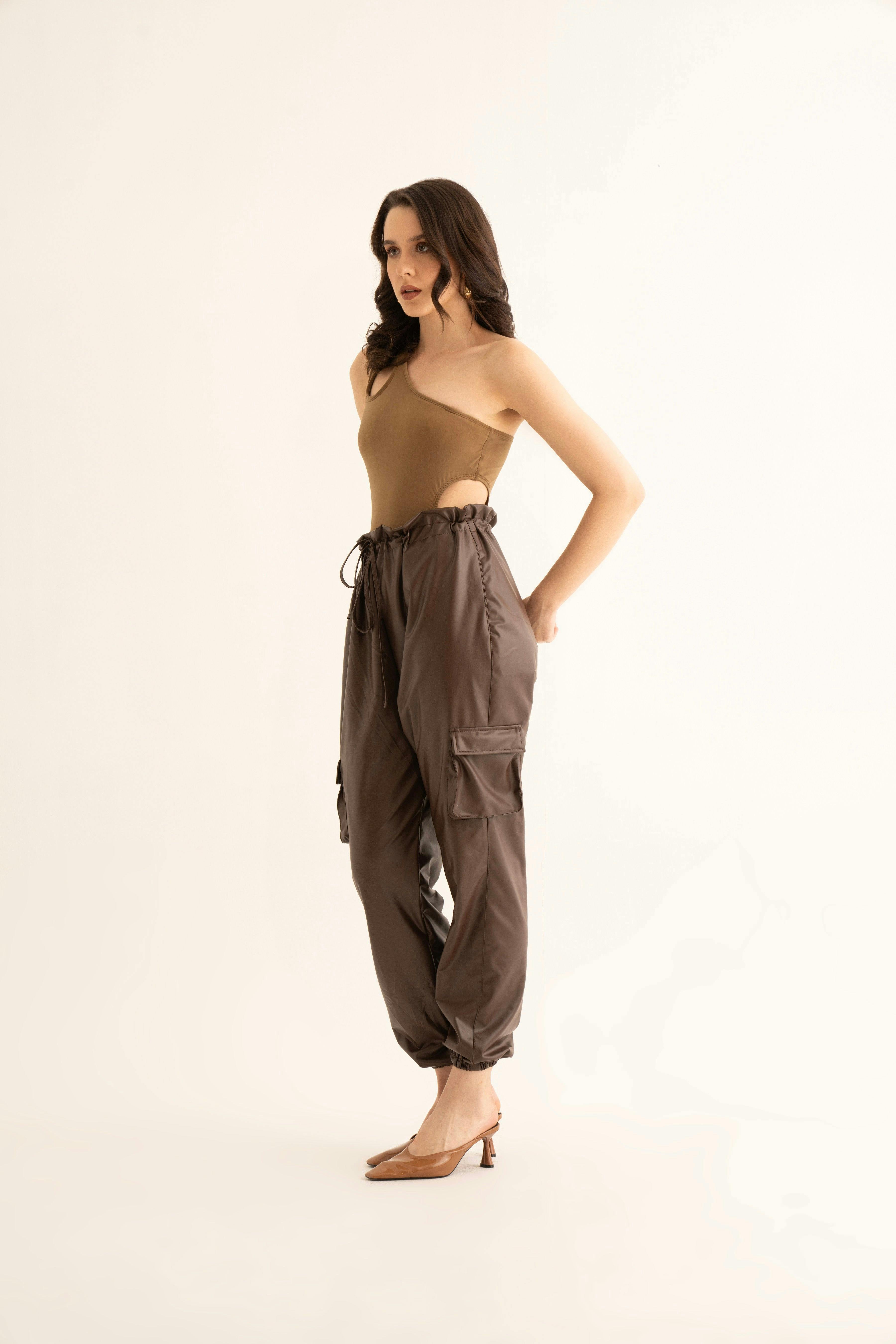 Thumbnail preview #1 for Brown Faux Leather Cargo Pants