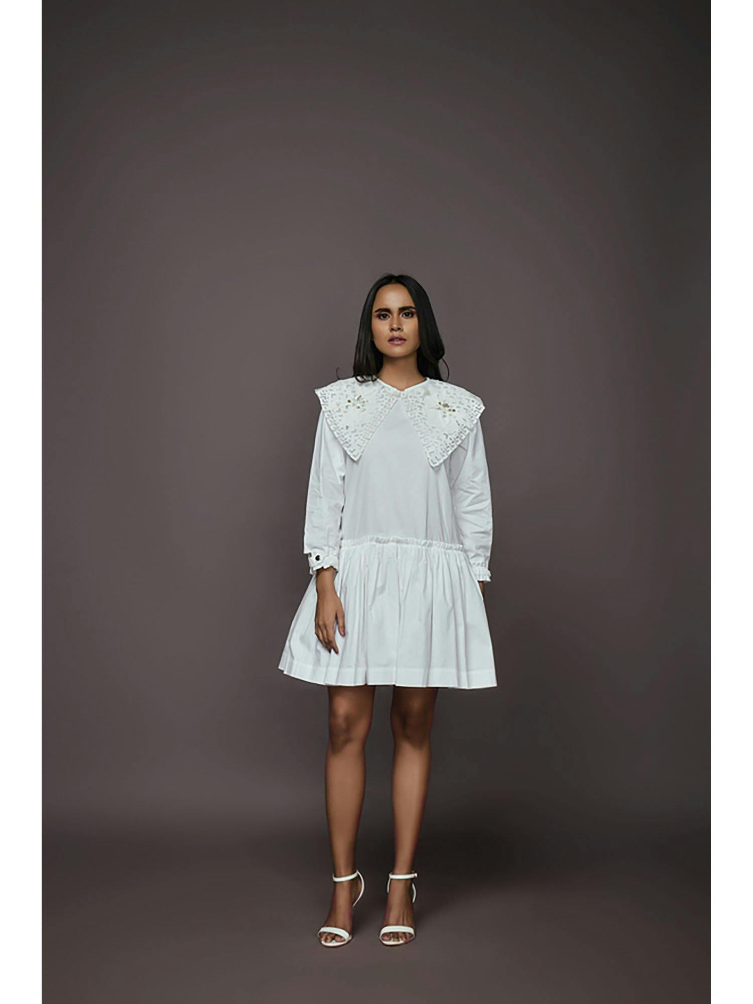 White dress with puff sleeves and frill bottom NN-1121-W WHITE, a product by Deepika Arora