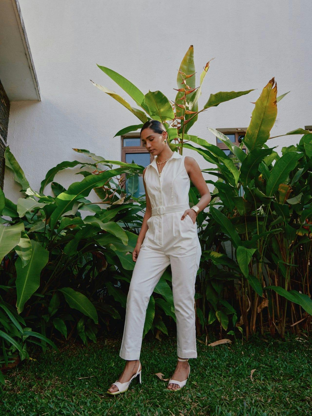 white denim jumpsuit, a product by tara and i