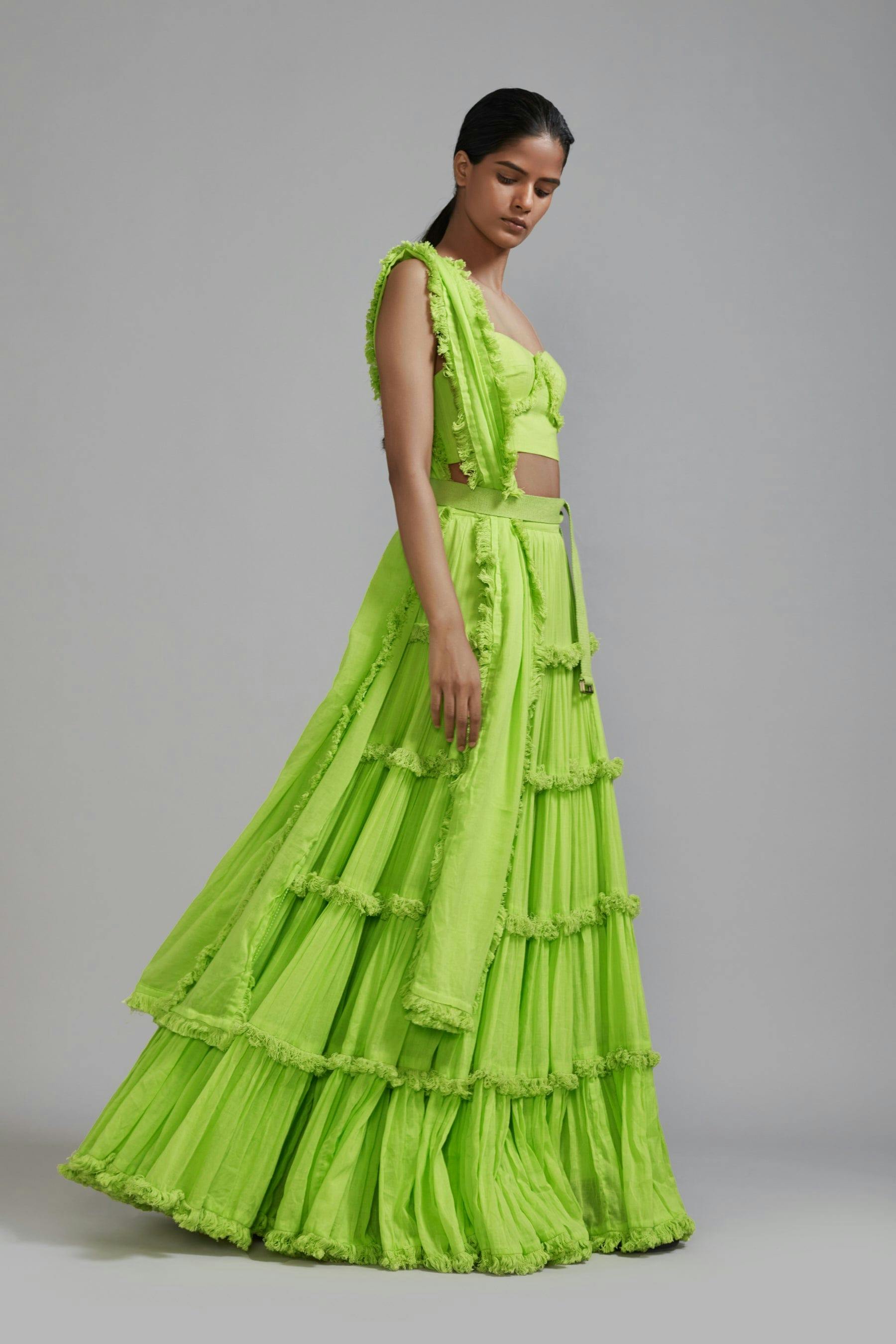 Neon Green Fringed Tiered Lehenga Set (3 PCS), a product by Style Mati