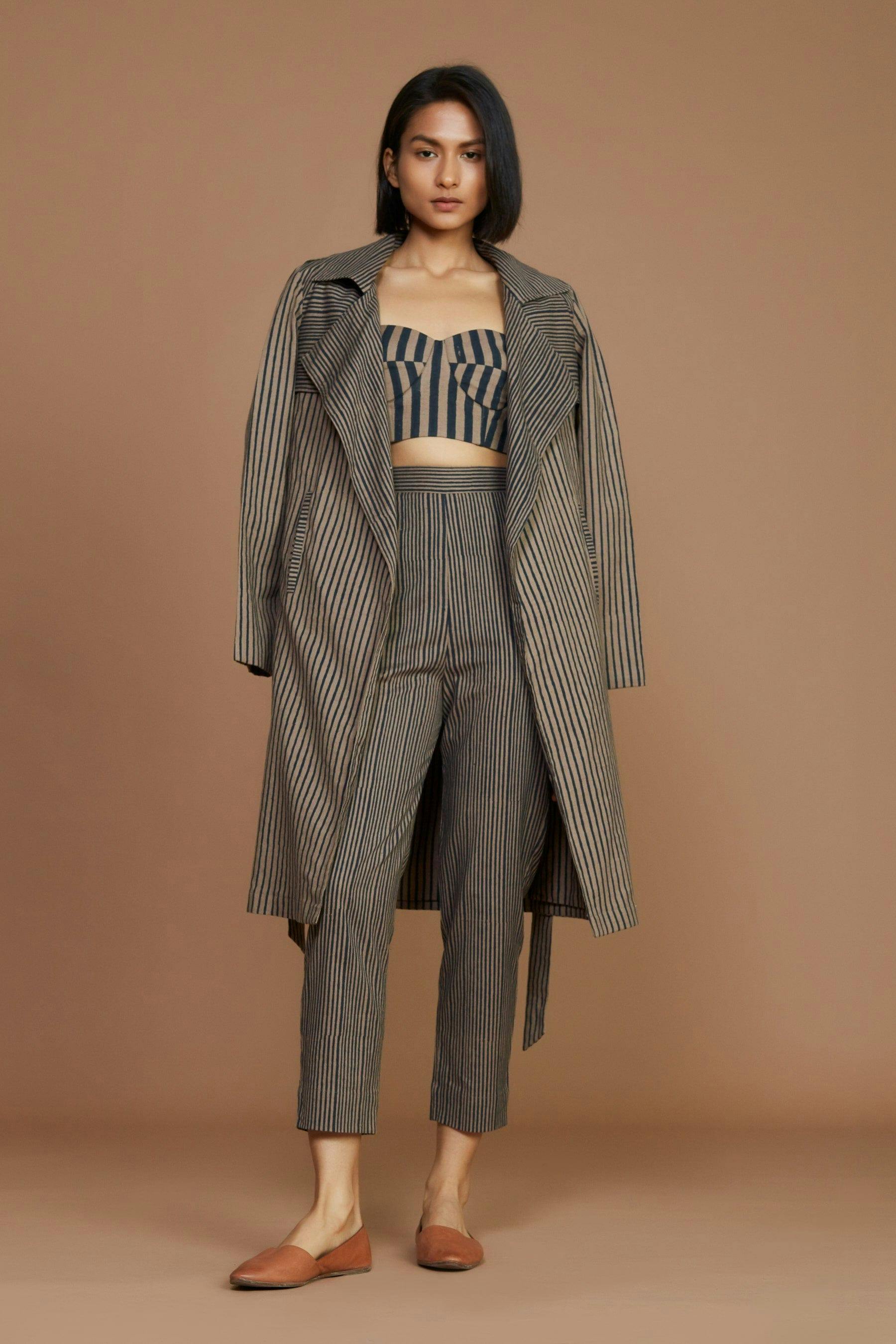 Brown with Charcoal Striped Trench Jacket, a product by Style Mati