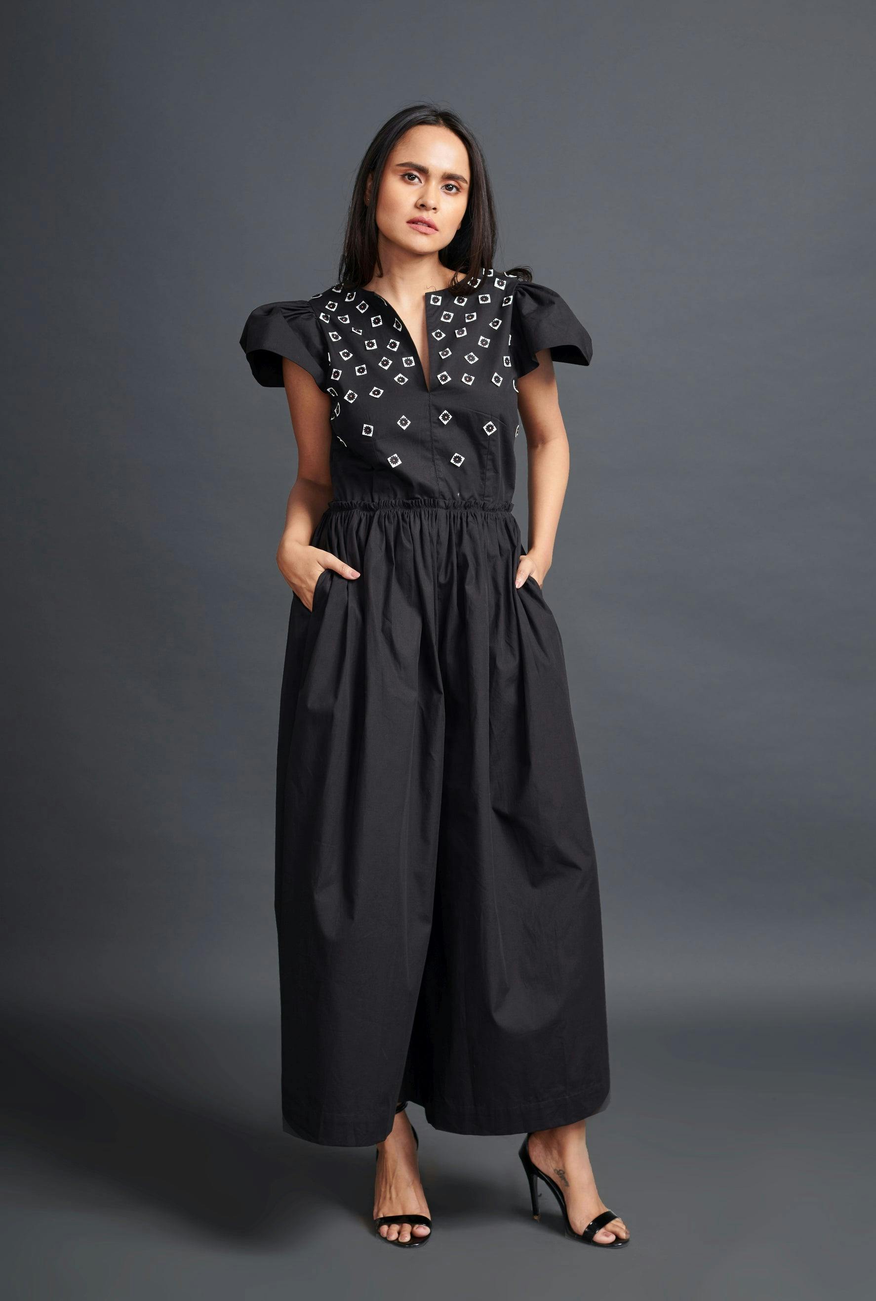 WF-1103-BLACK ::: Black Jumpsuit With Embroidery, a product by Deepika Arora
