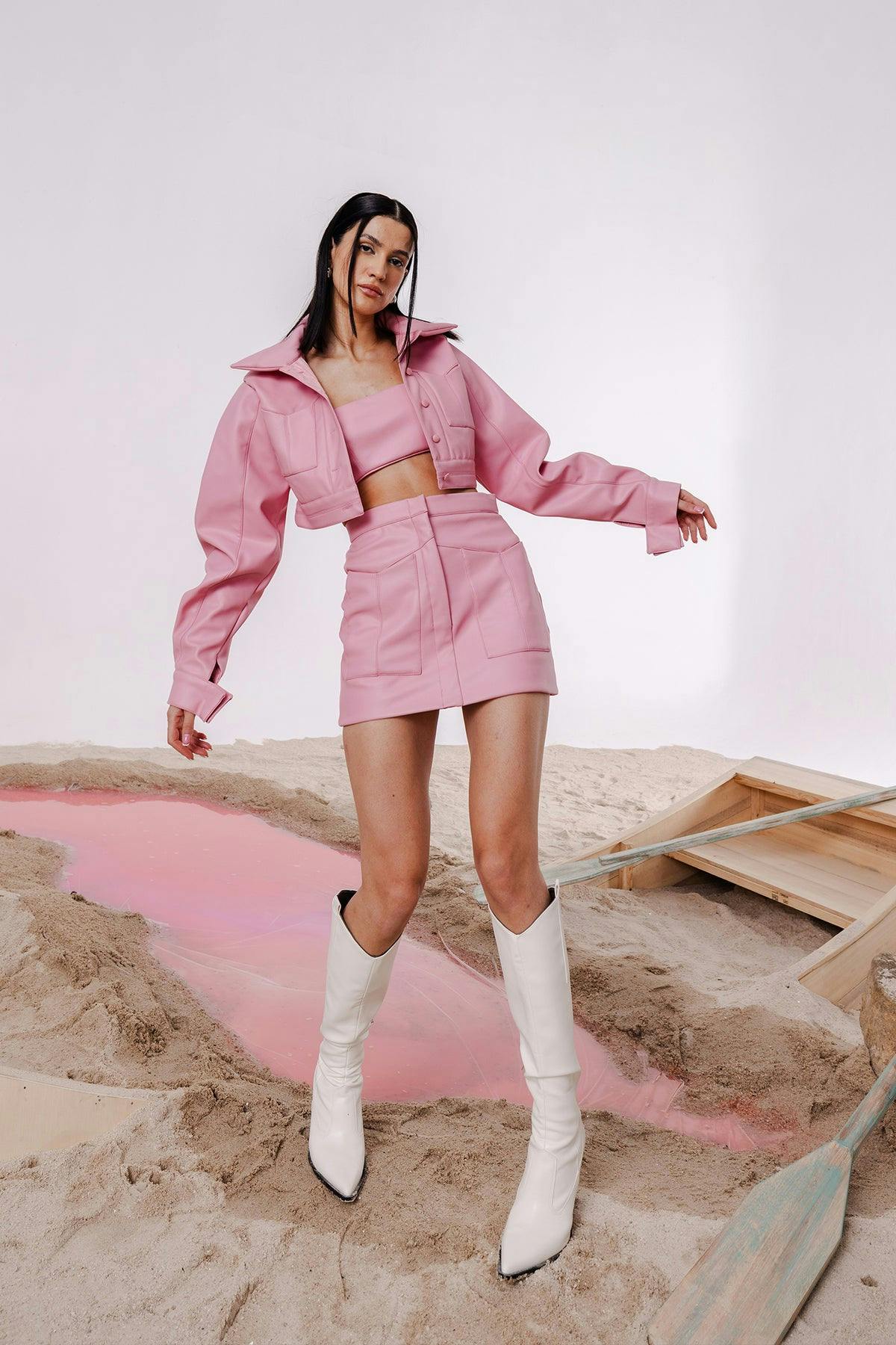 KOA BLUSH CROPPED JACKET WITH MATCHING BANDEAU & MINI SKIRT, a product by July Issue